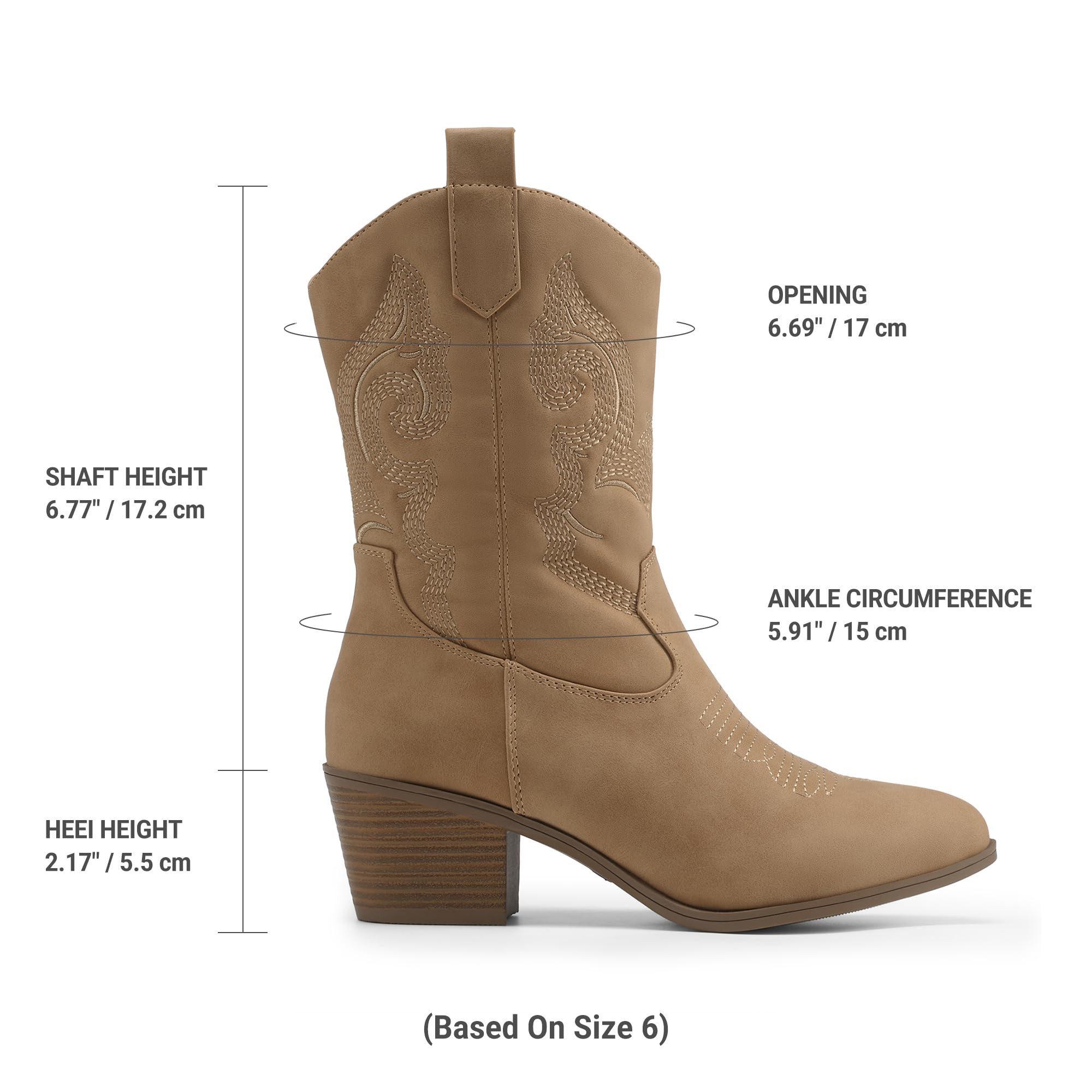 DREAM PAIRS Kowbojki dla kobiet, buty kowbojskie do połowy łydki z haftem okrągły nosek zachodnie grube buty na niskim obcasie | Buty westernowe z okrągłym noskiem, gruby niski obcas, buty do haftowania, festiwale muzyki country impreza tematyczna