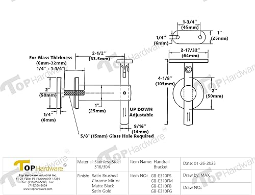 Miniatura 5 de Soporte de pasamanos ajustable de acero inoxidable de grado 316, superficie superior plana para tubo cuadrado, adecuado para vidrio de 14 a 1-14