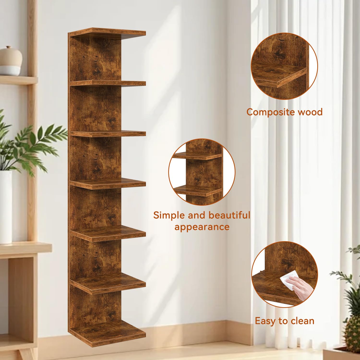 IBUYKE 7 Tier Wall Shelf Unit Floating Shelves,Lack Shelf for Wall Storage for Bedroom,Office,Bathroom Brown WBC018H