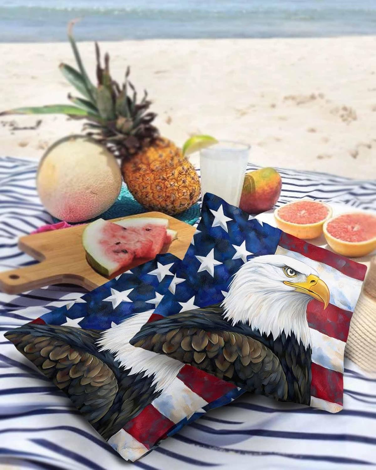 ALAGEO American Flag Eagle 4th of July Pillow Covers Set of 2 Vintage Red White Striped Patriotic Throw Pillow Cover Outdoor Waterproof Pillowcases for Memorial Day Independence Day Decor 24x24 inch