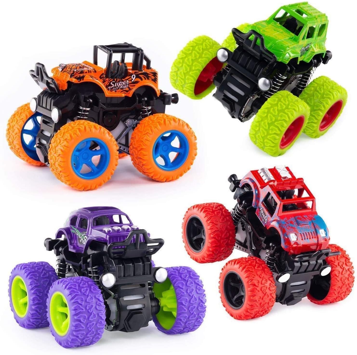 Push and go car Toy 4WD Mini Monster Trucks Friction Powered Cars for Kids Big Rubber Tires Baby Boys Super Cars Blaze Truck Children Gift Toys (Pack of 4 pc)