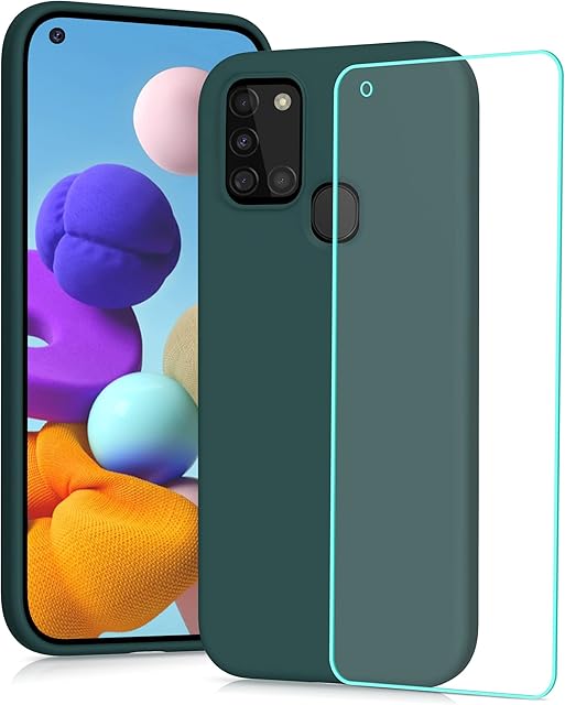 YATWIN Silicone Case for Samsung Galaxy A21s with Screen Protector, Soft-Touch, Shockproof, DustProof, Antiskid Full Body Armour Phone Cover for Samsung Galaxy A21s - Dark Green