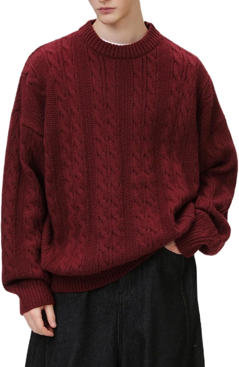 POHADON Men's Oversized Cable Knit Sweater Vintage Grandpa Aesthetic Grunge Pullover Tops Fall Winter Y2k Trendy Clothes
