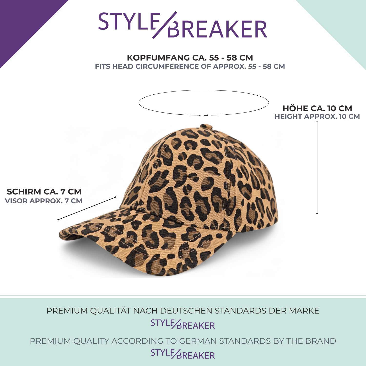 styleBREAKER Caschetto Baseball Donna con Motivo Leopardo, Basecap 6 Pannelli in Cotone, Visiera Curvata, Regolabile e Traspirante