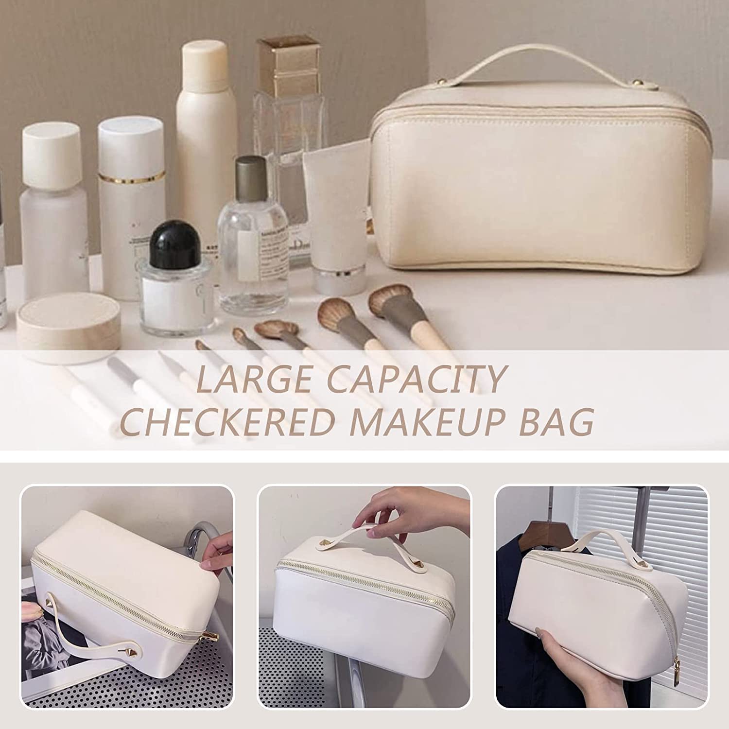W2S Large Capacity Cosmetic Travel Bag, Women's Makeup Travel Accessory, Cosmetic Bag Portable Leather, Makeup Bags with Handle & Divider, Wide Opening Cosmetic/Makeup Organizer (White) 1