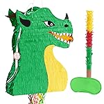 WERNNSAI Foldable Dragon Piata - Dinosaur Birthday Party Supplies Dino Extendable Piata Bundle with Blindfold Stick and Tassels for Boys Kids Dragon Theme Bday Party Game Decorations 16.2 x 12.5