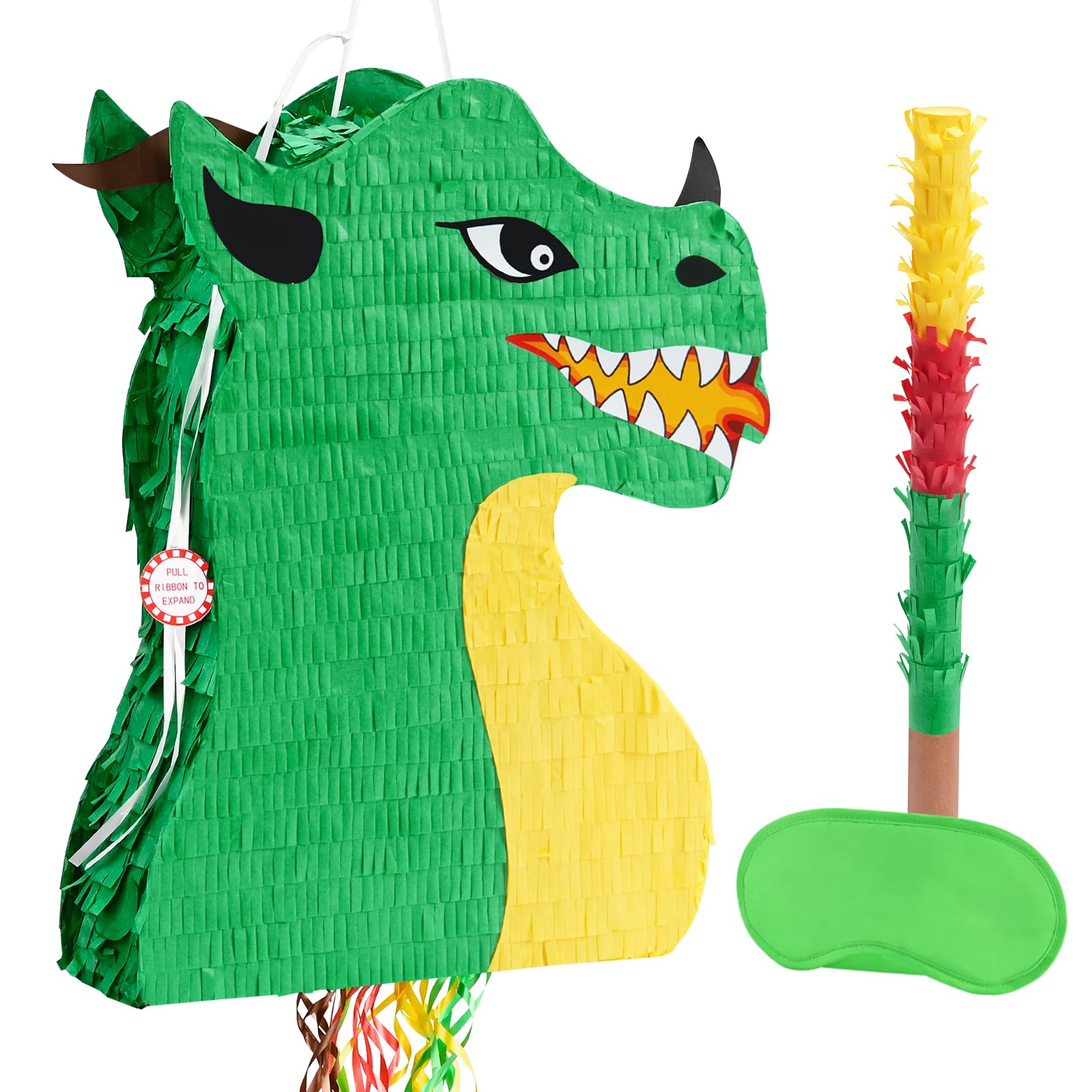 WERNNSAI Foldable Dragon Piñata - Dinosaur Birthday Party Supplies Dino Extendable Piñata Bundle with Blindfold Stick and Tassels for Boys Kids Dragon