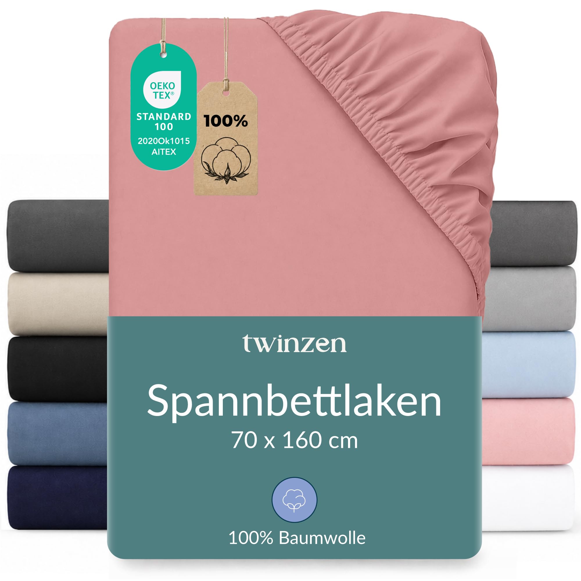 Twinzen Spannbettlaken Baumwoll-Jersey 70x160 Rosa Steghöhe 15 cm