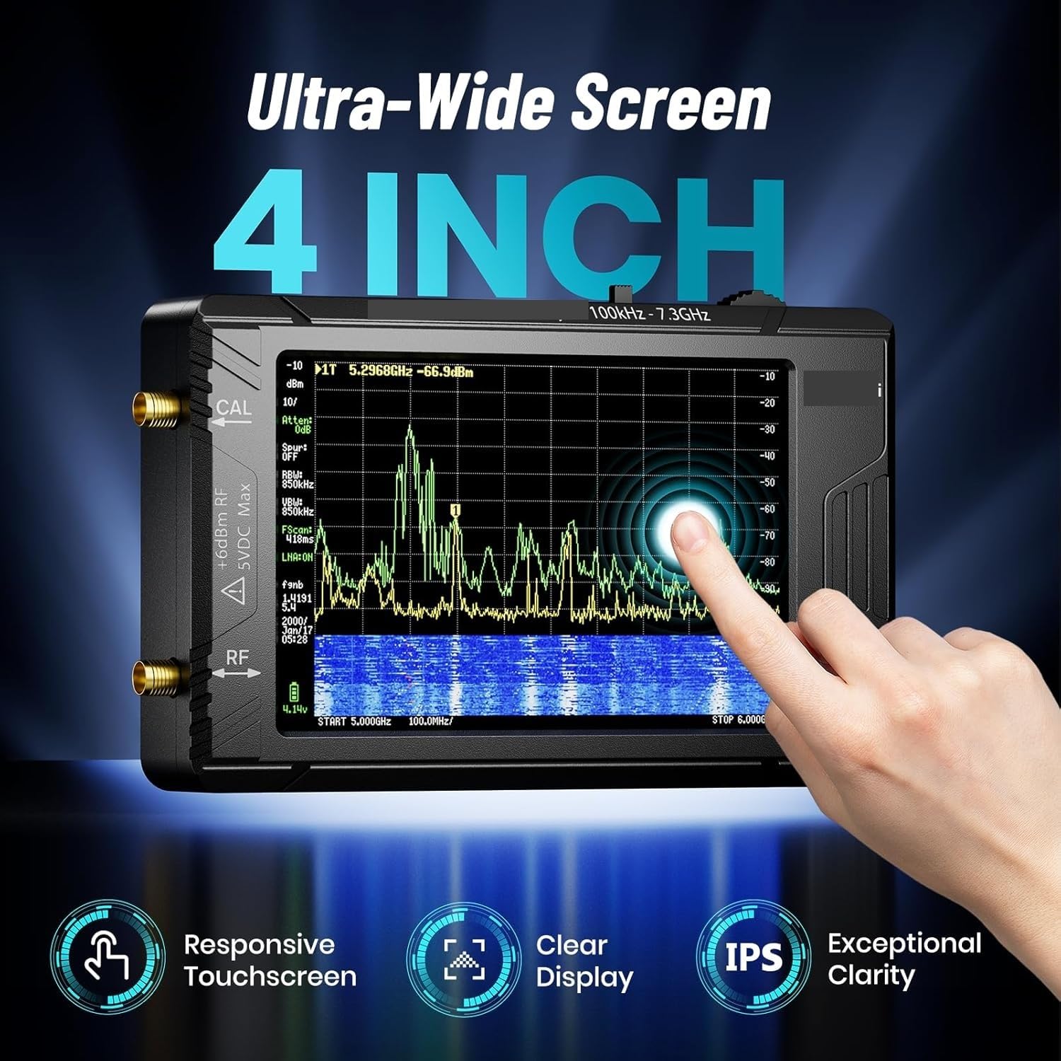 Analizador de espectro portátil de 100 kHz-7,3 GHz con generador de señal, pantalla táctil de 4", batería de 5000 mAh