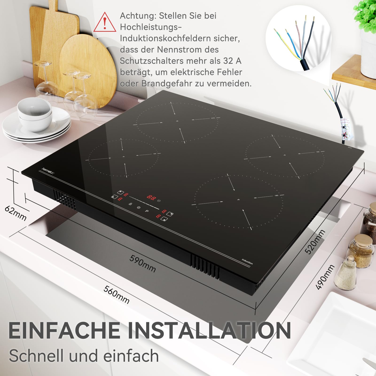 Induktionskochfeld 60cm, Eingebautes Schwarzes elektrisches Kochfeld, mit 4 Kochzonen, 9 Leistungsstufen, Geeignet für Eisen- und Edelstahltöpf