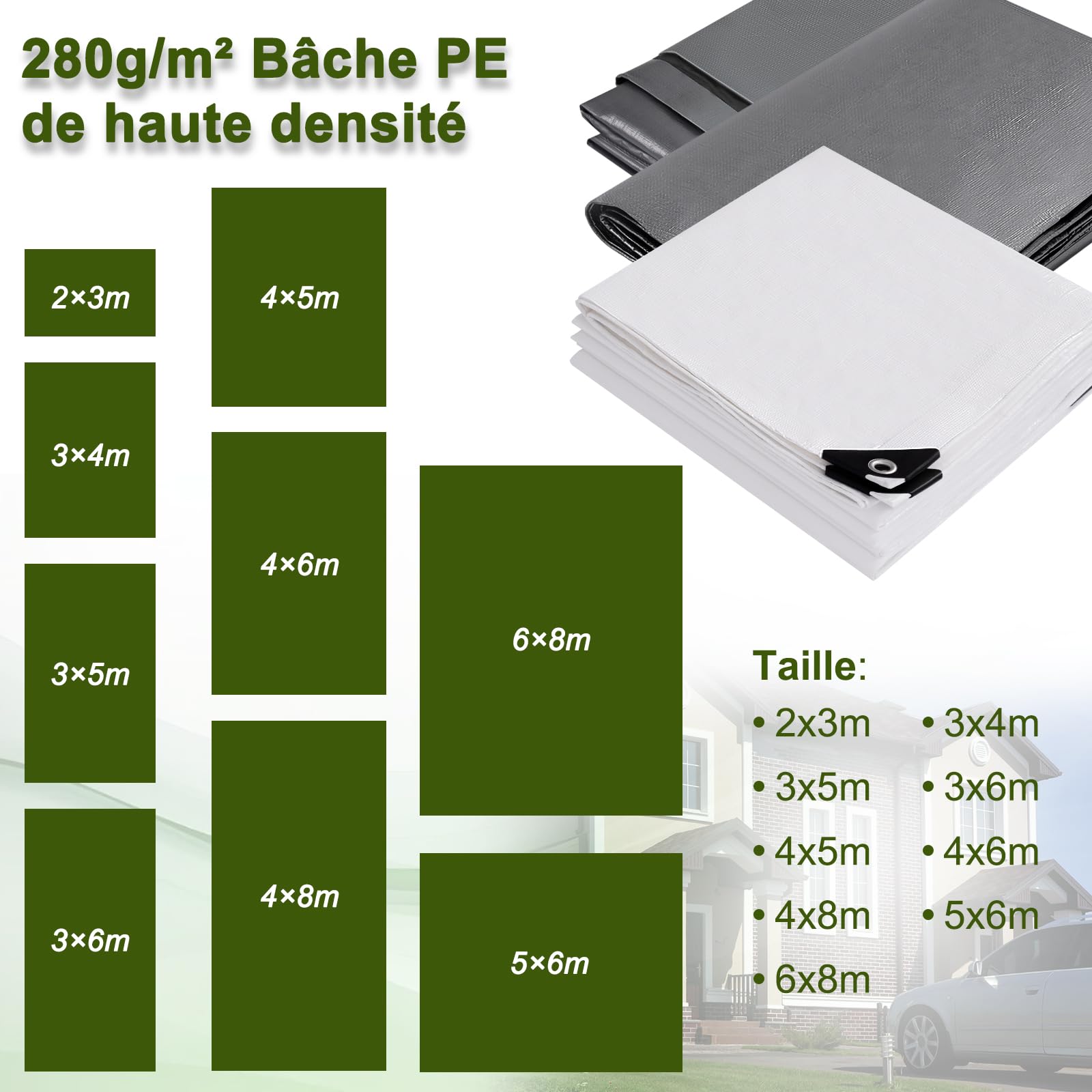 Laneetal Bâche de Protection en Polyéthylène 2x3m 280g/m²² PE Bâche Imperméable Ultra Lourde et Résistante Revêtue des Deux côtés avec Oeillets en Aluminium Couverture Étanche pour Jardin，Grau-schwarz