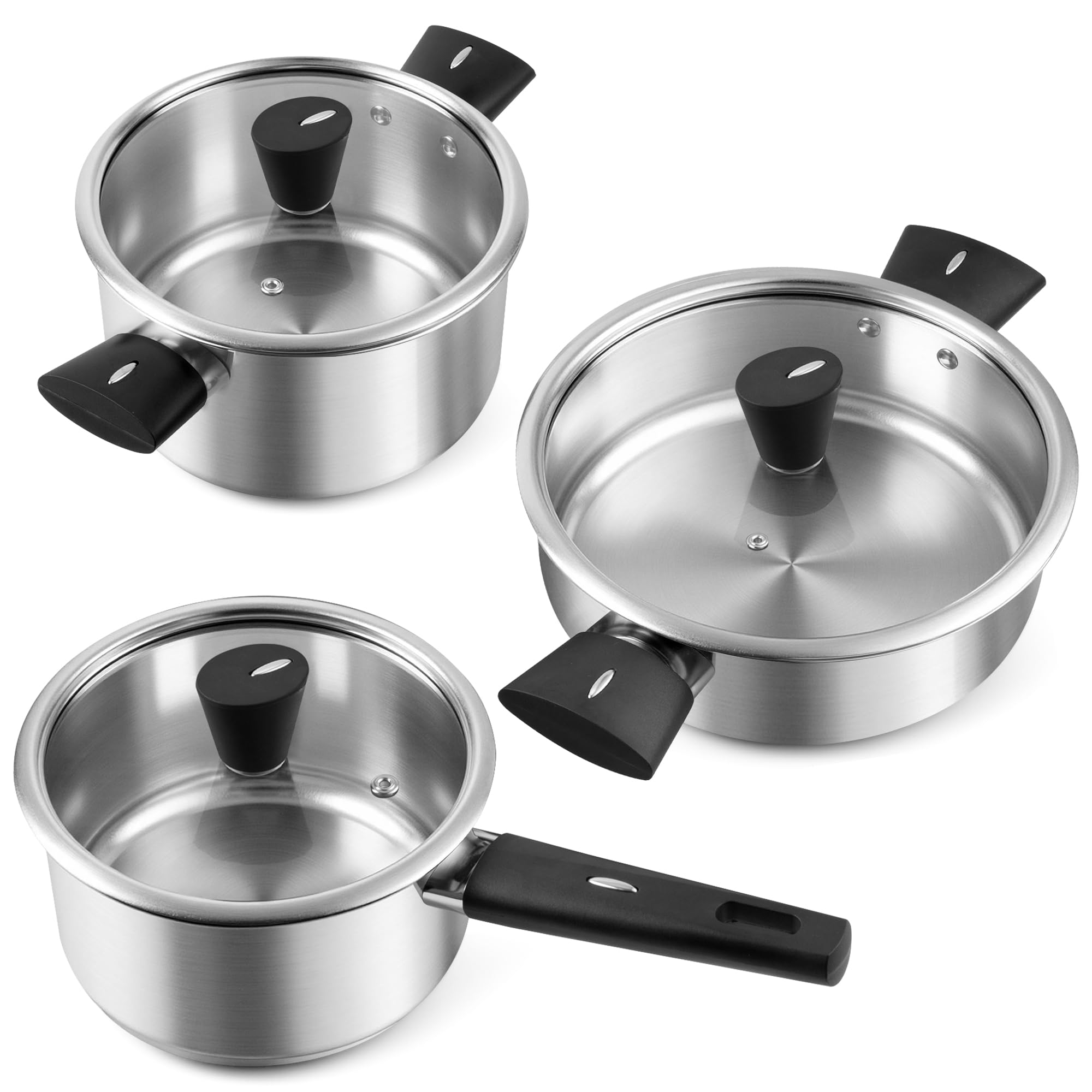 Edelstahl Topfset 6-teilig, Kochtopf Set mit Glasdeckel, Induktion geeignet, Edelstahl Töpfe Set ohne Beschichtung, spülmaschinengeeignet, für Gas-, Elektro- und Cerankochfelder