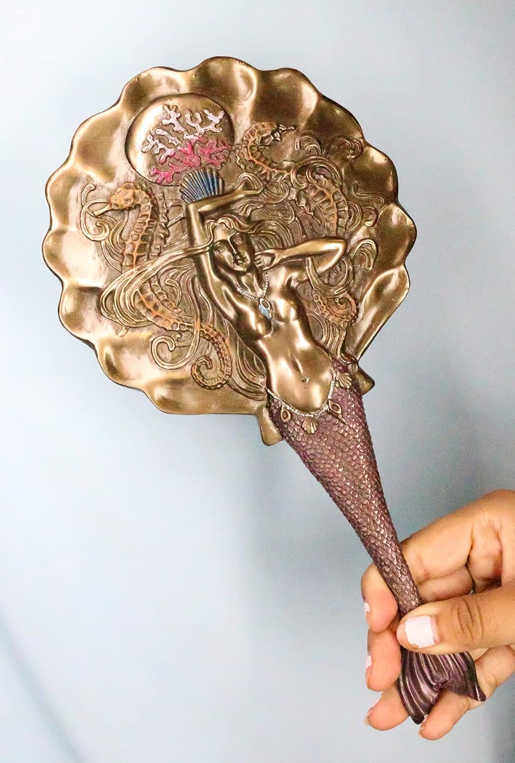 Ebros Gift Nautical Princess Celestia Sirens of The Seas Queen Mermaid with Seahorses Hand Mirror Figurine 11.5" Tall Faux Bronze Art Nouveau Mermaids Vanity Handheld Mirrors