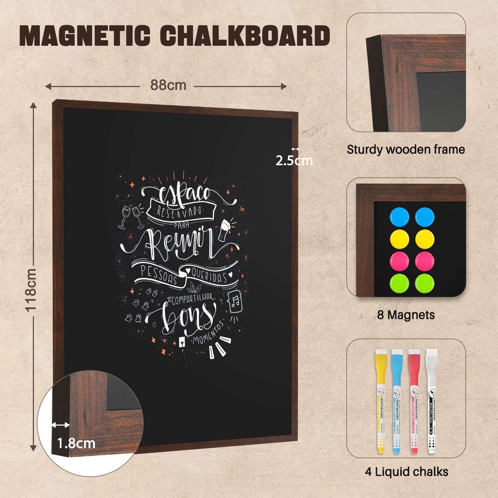 DOLLAR BOSS Pizarra magnética grande de 90 x 120 cm, para montar en la pared, pizarra negra para paredes, menú, marco de madera rústica para oficina, escuela, café, cocina