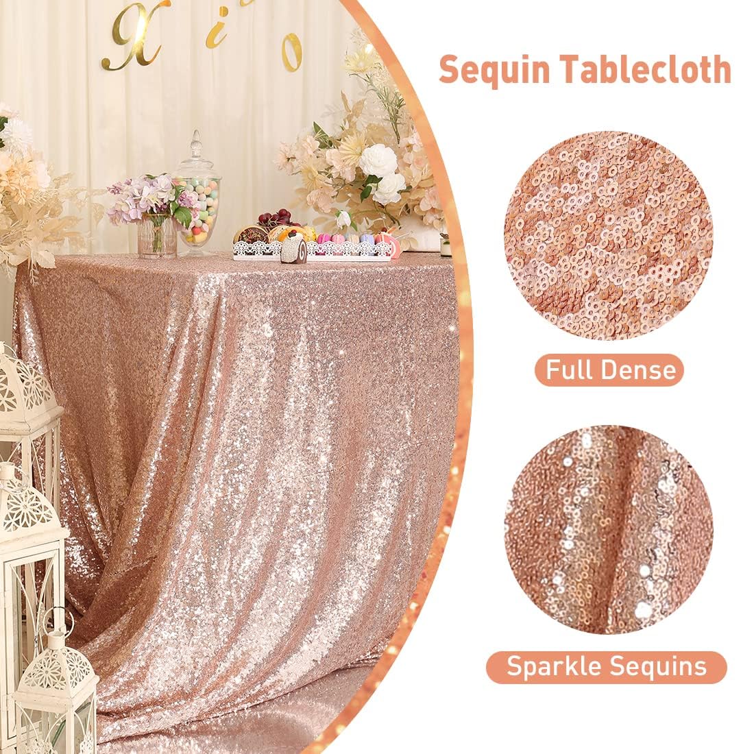 3E Home Rose Gold Sequin Tablecloth Rectangle Sequin Table Cover For Wedding Party Banquet Rose Gold Tablecloths 60" X 102" (150cm X 260cm) - Image 3
