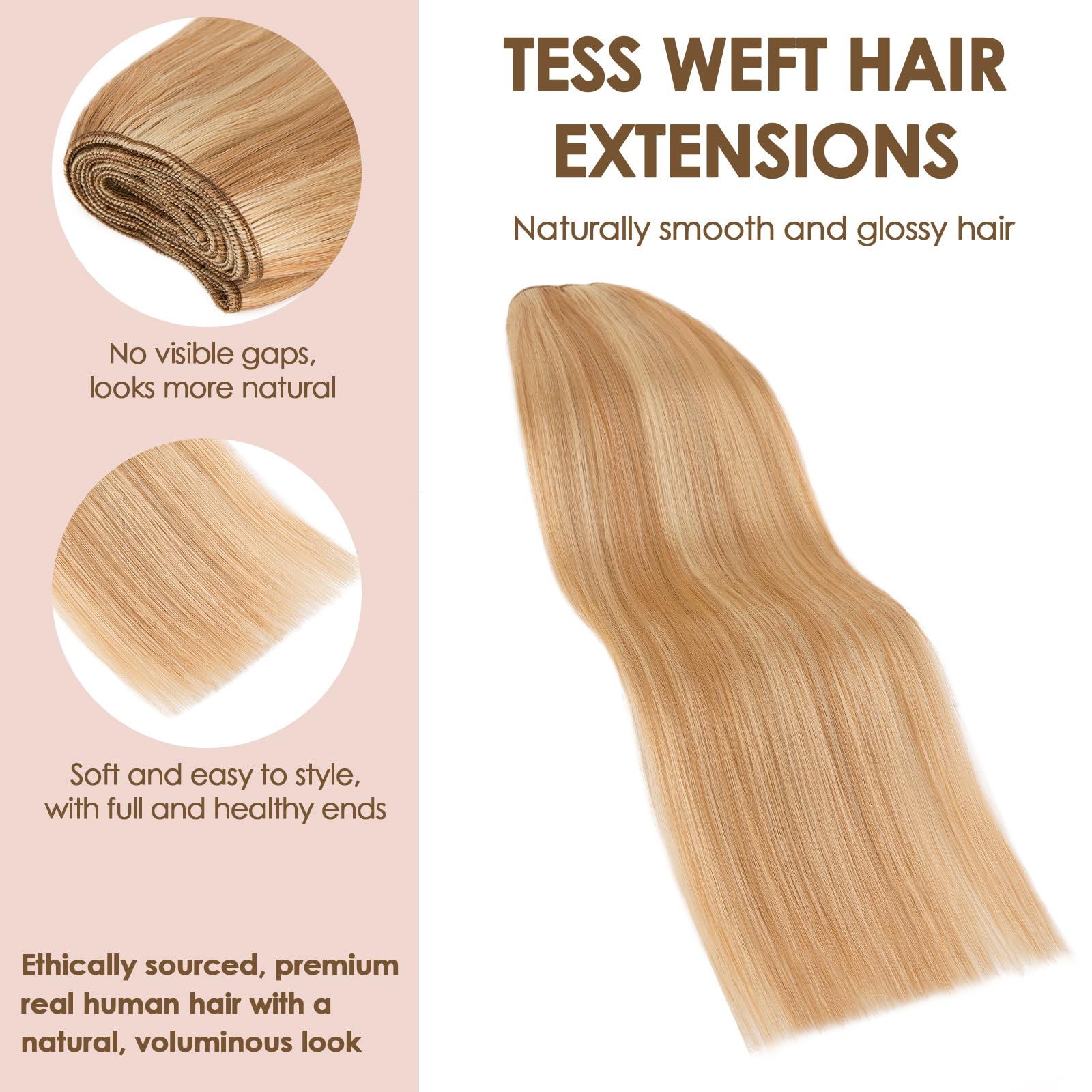 TESS Extensión de cabello humano liso 12RP613R# Marrón claro/rubio claro, 1 paquete (100 g), trama cosida, cabello humano, extensiones pelo natural para mujer, human hair bundle 55cm