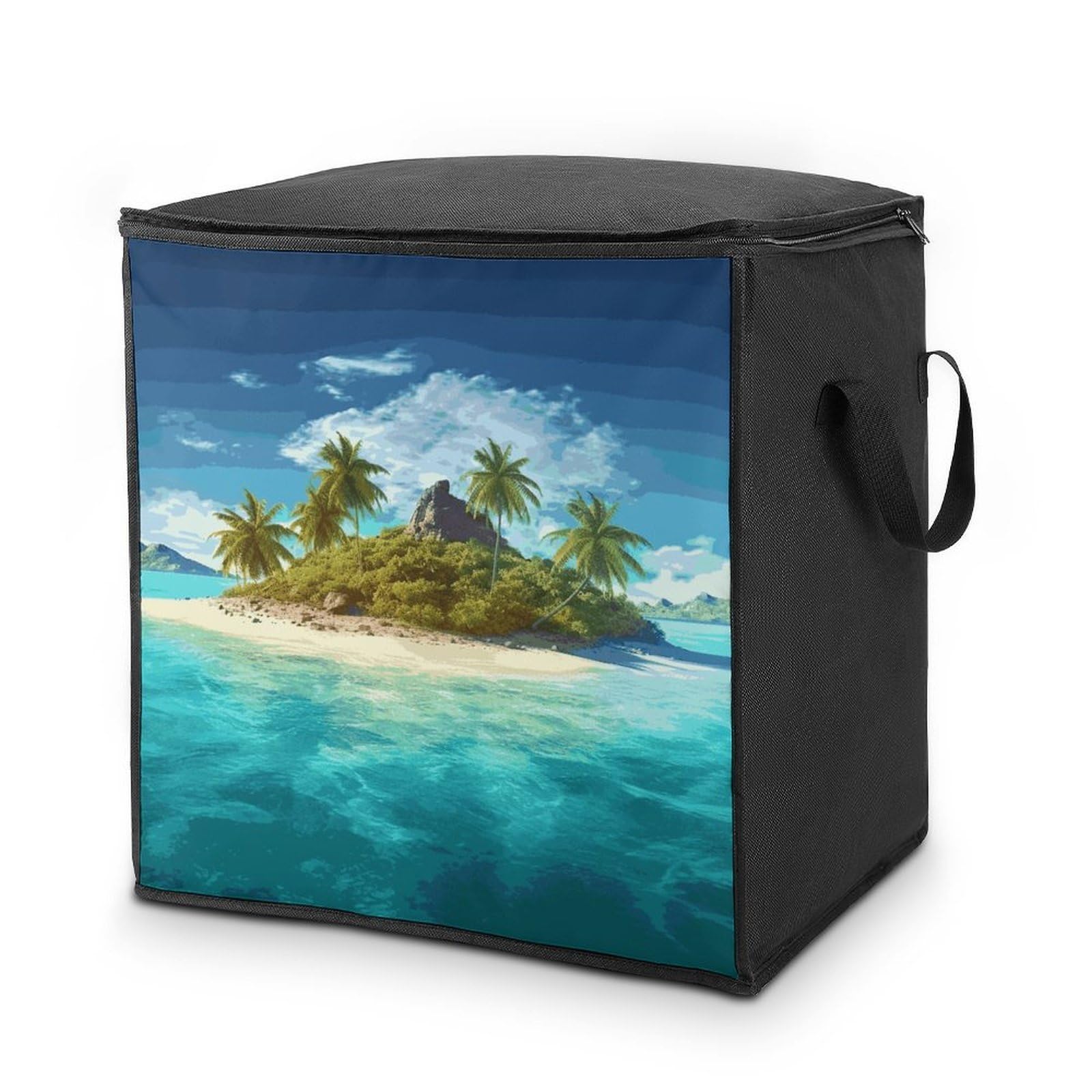 Tropical Island Storage Bag with Zippers And Handle Extra Large Bedding Comforter Storage Bag Foldable Blanket Storage Bags Fabric Moving Bags for Closet Organizer (70L)