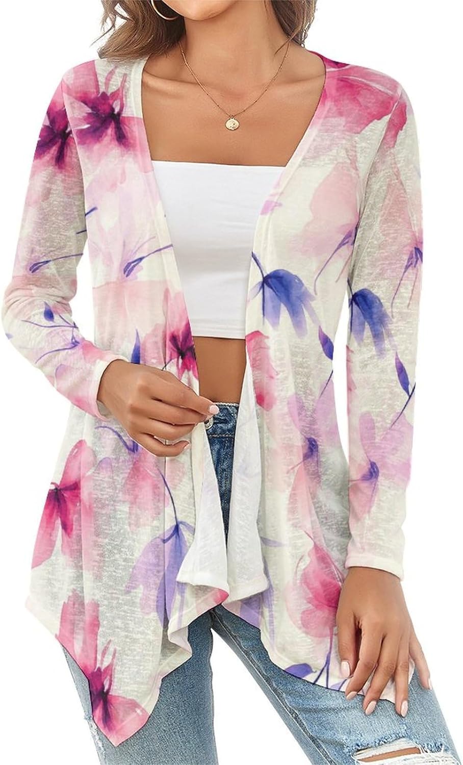 Women's Boho Floral Print Cardigans Spring 2026 Fashion Lightweight Casual Long Sleeve Open Front Cardigan Kimono Coverups