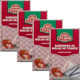 Sardinhas em Lata Ramirez em Molho de Tomate - Tampa Abre Fácil - Superalimento -125g - Produto de Portugal - 4 Un. Rico em Ômega 3 - Licopeno - Café da Manhã - Almoço - Lanche - Jantar - Fonte de Proteína