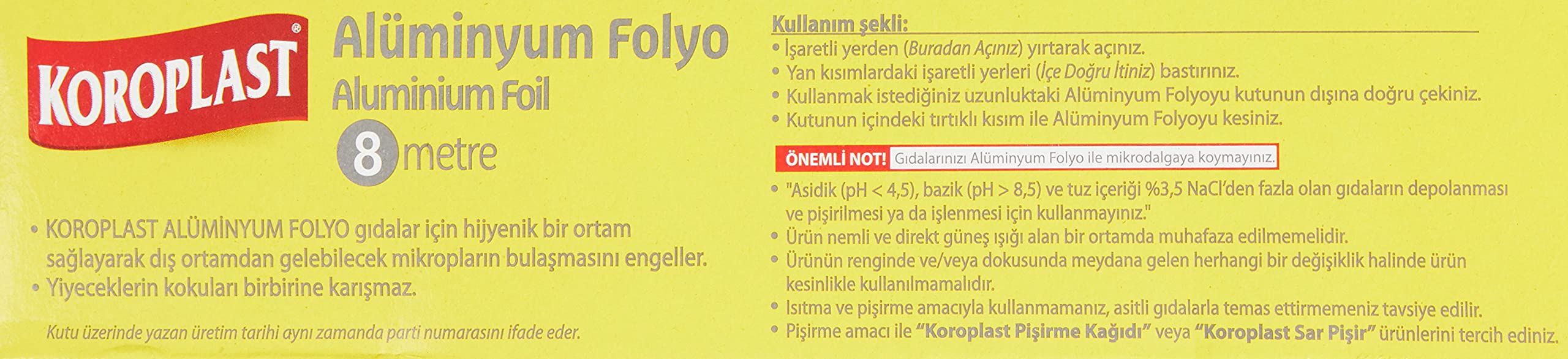 Koroplast Alüminyum Folyo 8 mt, BPA İçermez, Dayanıklı Yapışmaz Folyo 30 cm x 8 metre, Tavuk, Izgara, Et, Yemek, Gıda Artıklarını Saklamak için İdeal, Mutfakta Çok Yönlü Kullanım, Yüzey Korumaya Uygun