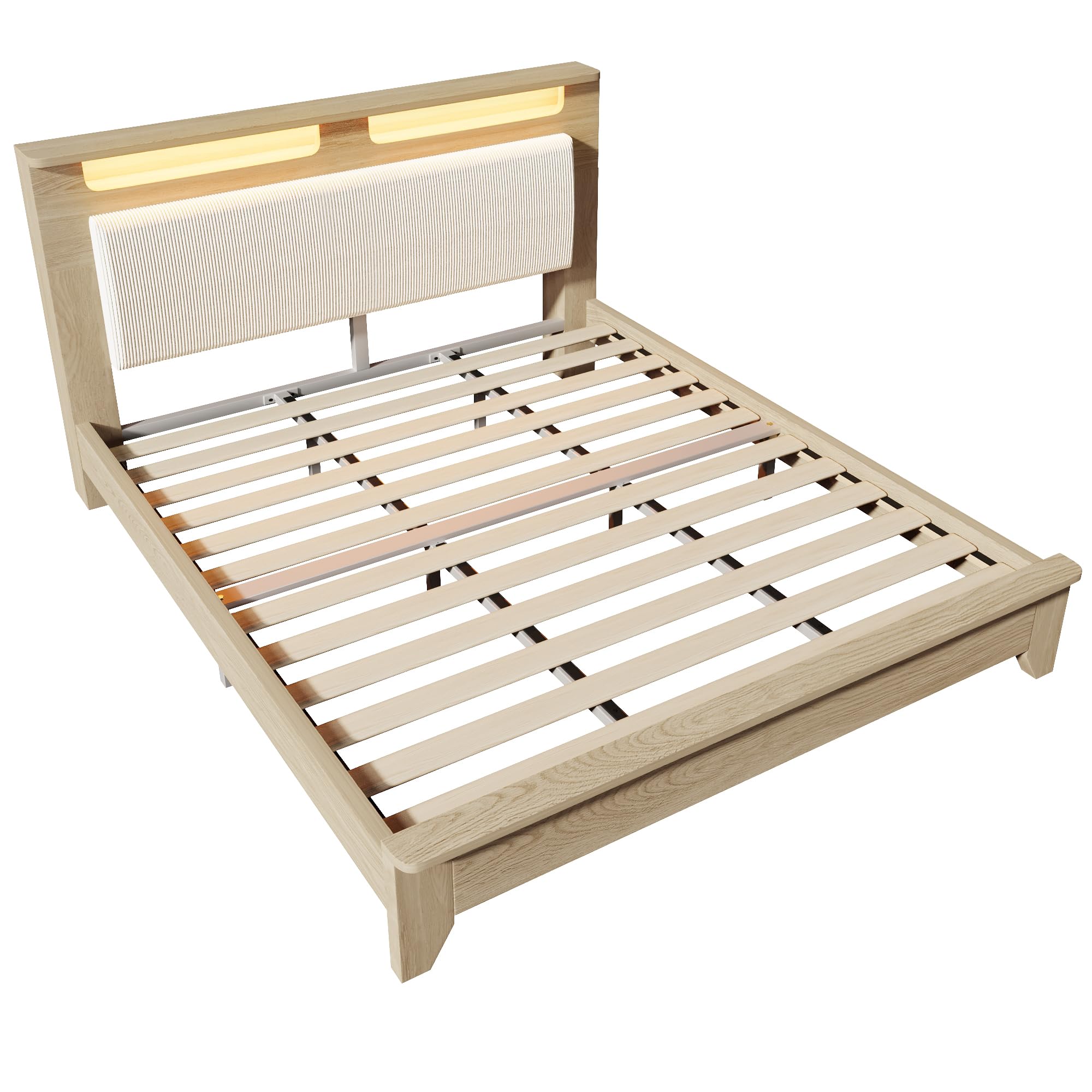 REXO Letto matrimoniale in legno 180×200cm, testiera con vano portaoggetti, illuminazione a LED e schienale imbottito in corda beige, telaio del letto con doghe in legno, rovere chiaro (senza