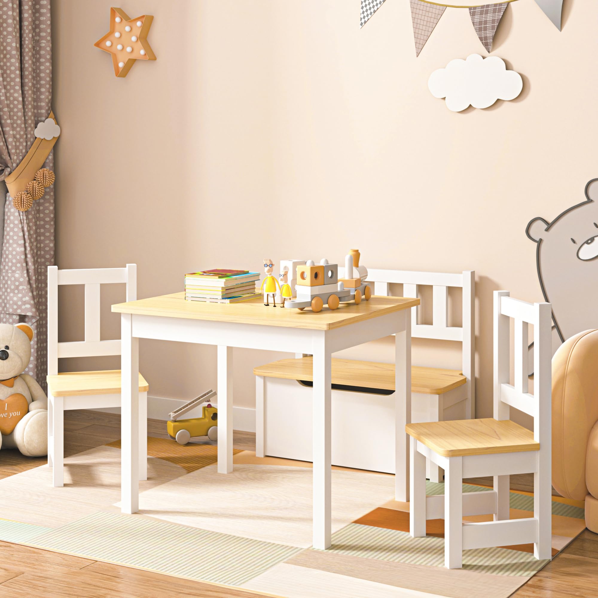[en.​casa] Set Mobili per Cameretta Composto di 1 Tavolo, 2 Sedie e 1 Cassapanca - Set Arredo in Legno con Sedute in MDF - Mobili a Misura di Bimbi - Bianco/​Naturale