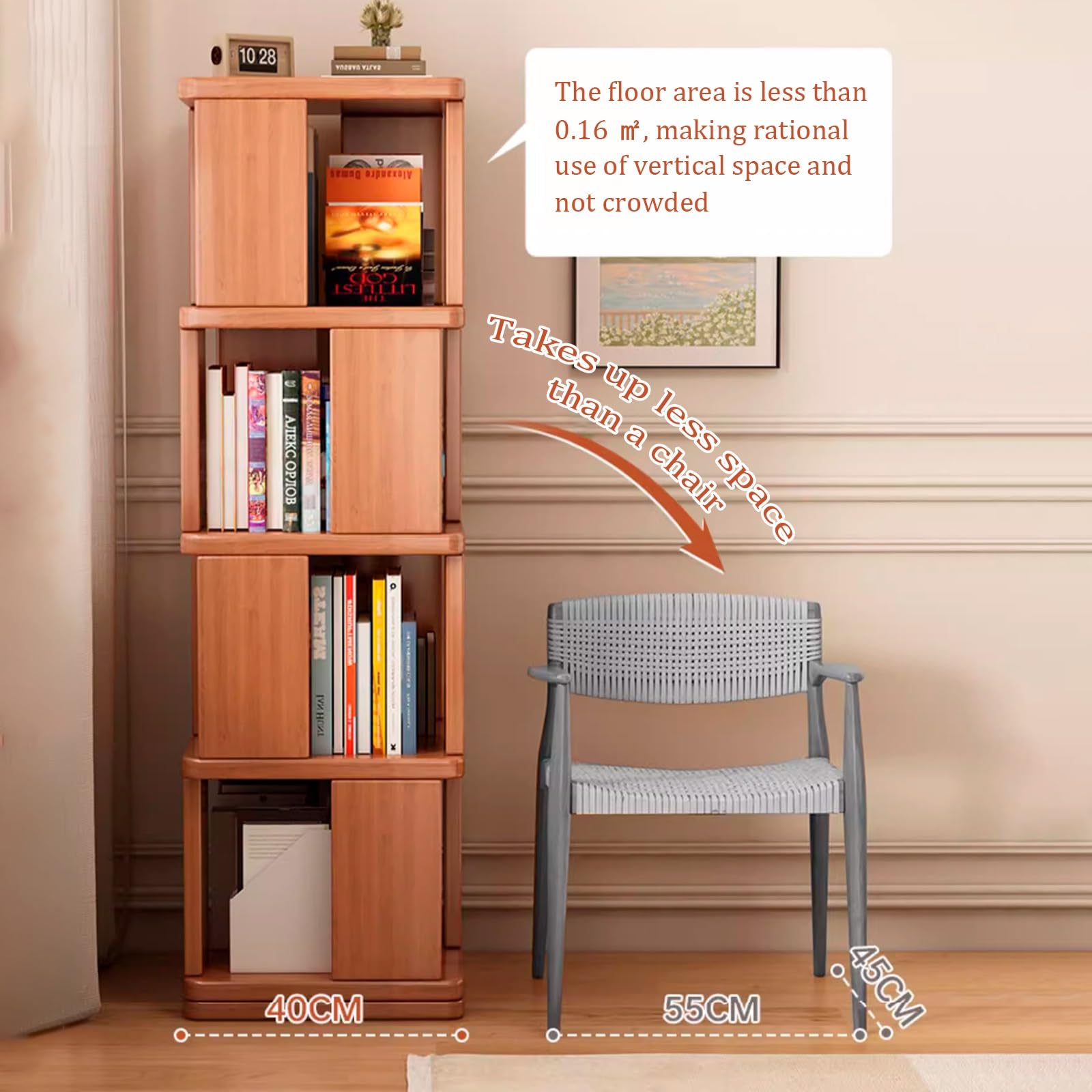 Scaffale per libri rotante in legno, scaffale angolare a più livelli con base robusta per riporre libri, esporre statuette e organizzazione di cancelleria