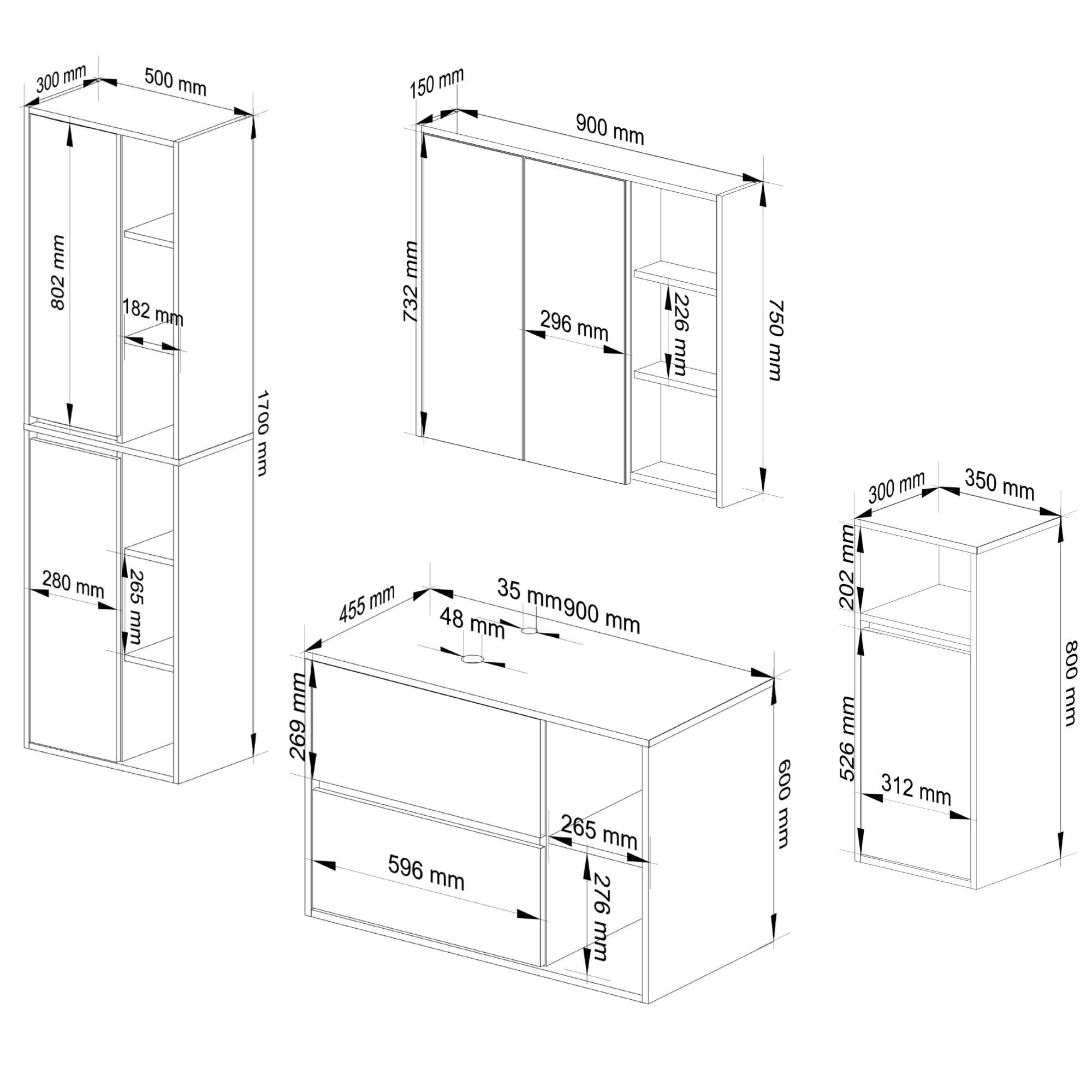 AKORD Badezimmer Komplett Set - Hängendes Badezimmermöbel-Set mit Spiegelschrank, Hängeschrank, Hochschrank & Unterschrank - Badmöbel - Weiß & Graphitgrau