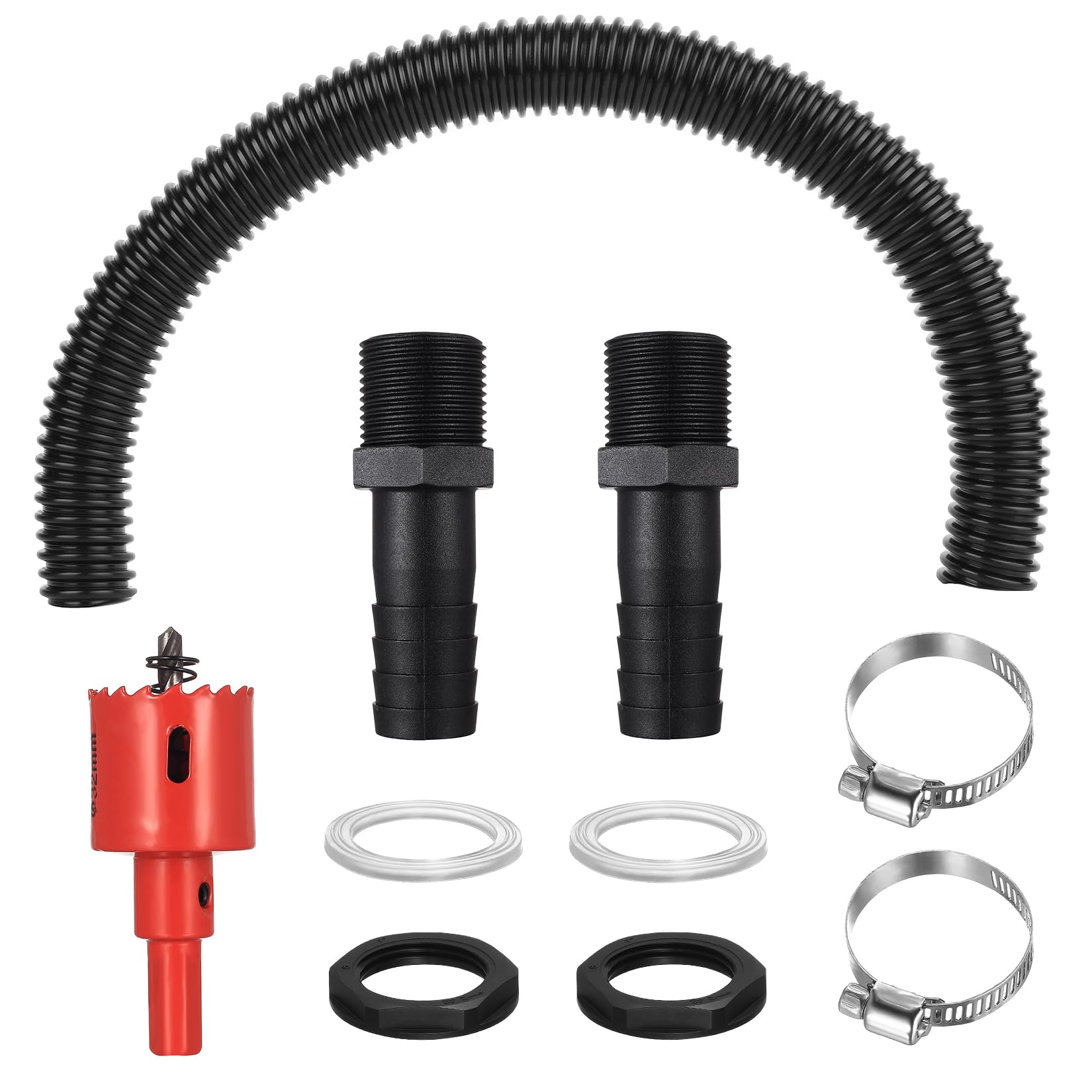 1 PcsWater Butt Connector Kit for Downpipe,25mm Waterbutt Hose Connectors,Water Butt Connector Pipe Link Kit for Joining 2 Rain Water Butts Linking Kit+1 50cm Hose 2 Seals 2 Clamps 2 Nuts 1 Hole Saw