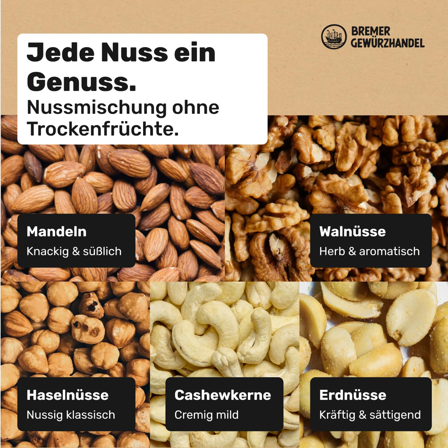 Bremer Gewürzhandel Nussmischung 1 Kg aus Cashewkernen, Walnüssen, Erdnüssen, Mandeln & Haselnüssen, ungesalzen - Nussmix, Studentenfutter Großpackung, Nüsse ohne salz, Studentenfutter ohne Rosinen