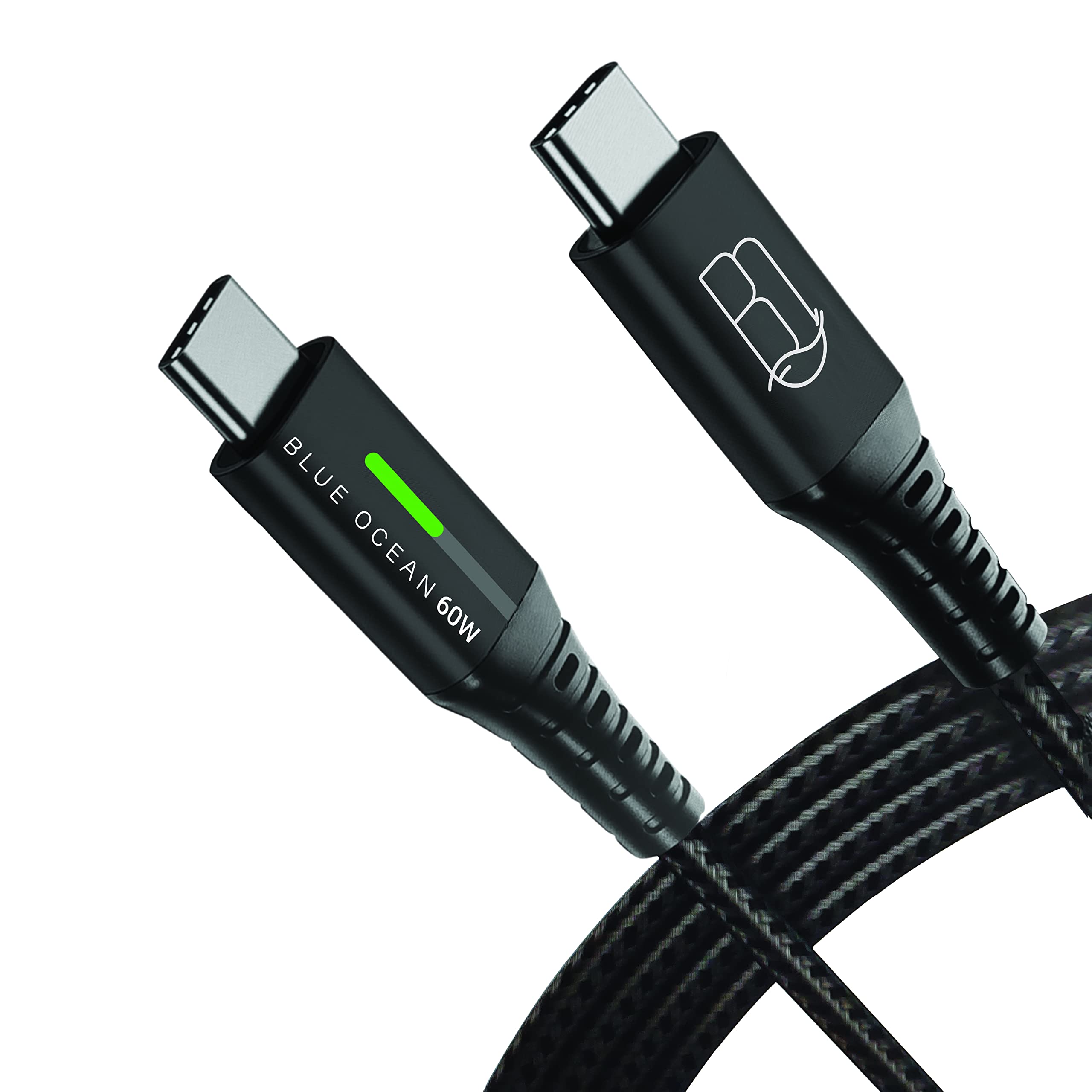 BLUE OCEAN USB C Cable 60W PD 5A QC Fast Charging With LED Display 480Mbps Data Cable, Nylon Braided Type C Data Cord Compatible for iPad, MacBook Pro Air Samsung S22 & Android- 2Mtrs