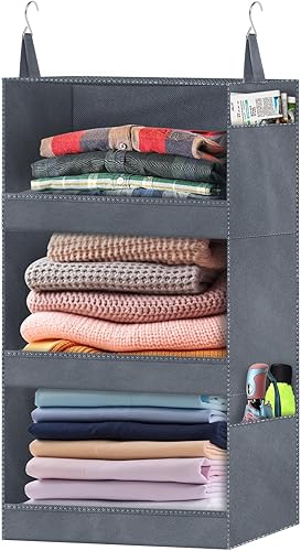 Aeeteek Organizadores y almacenamiento de armario, estantes plegables de 3 estantes colgantes con 4 bolsillos laterales, bolsa de almacenamiento de