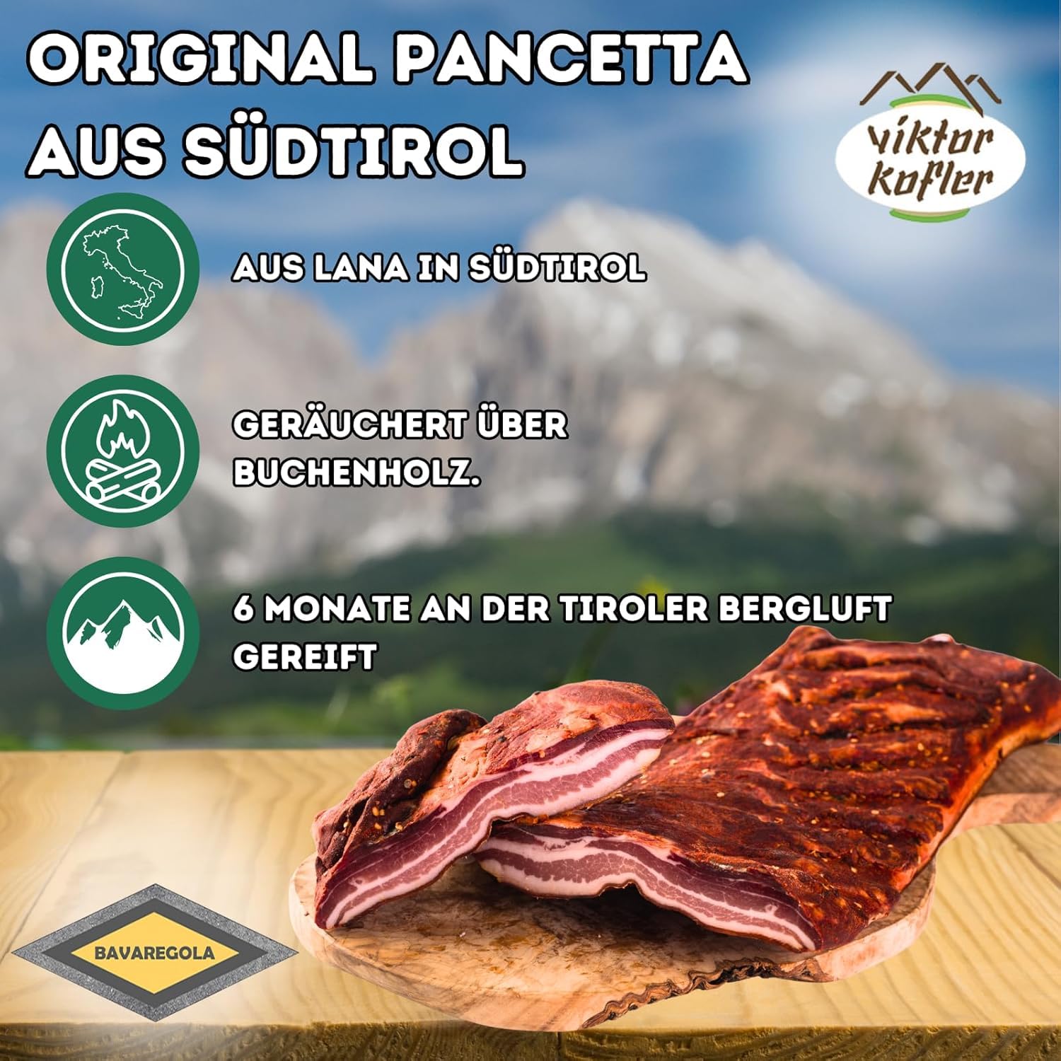 BAVAREGOLA Pancetta aus Südtirol - 350g - Original Speck aus Italien - Bauchspeck geräuchert & luftgetrocknet am Stück - Südtiroler Speck Spezialität