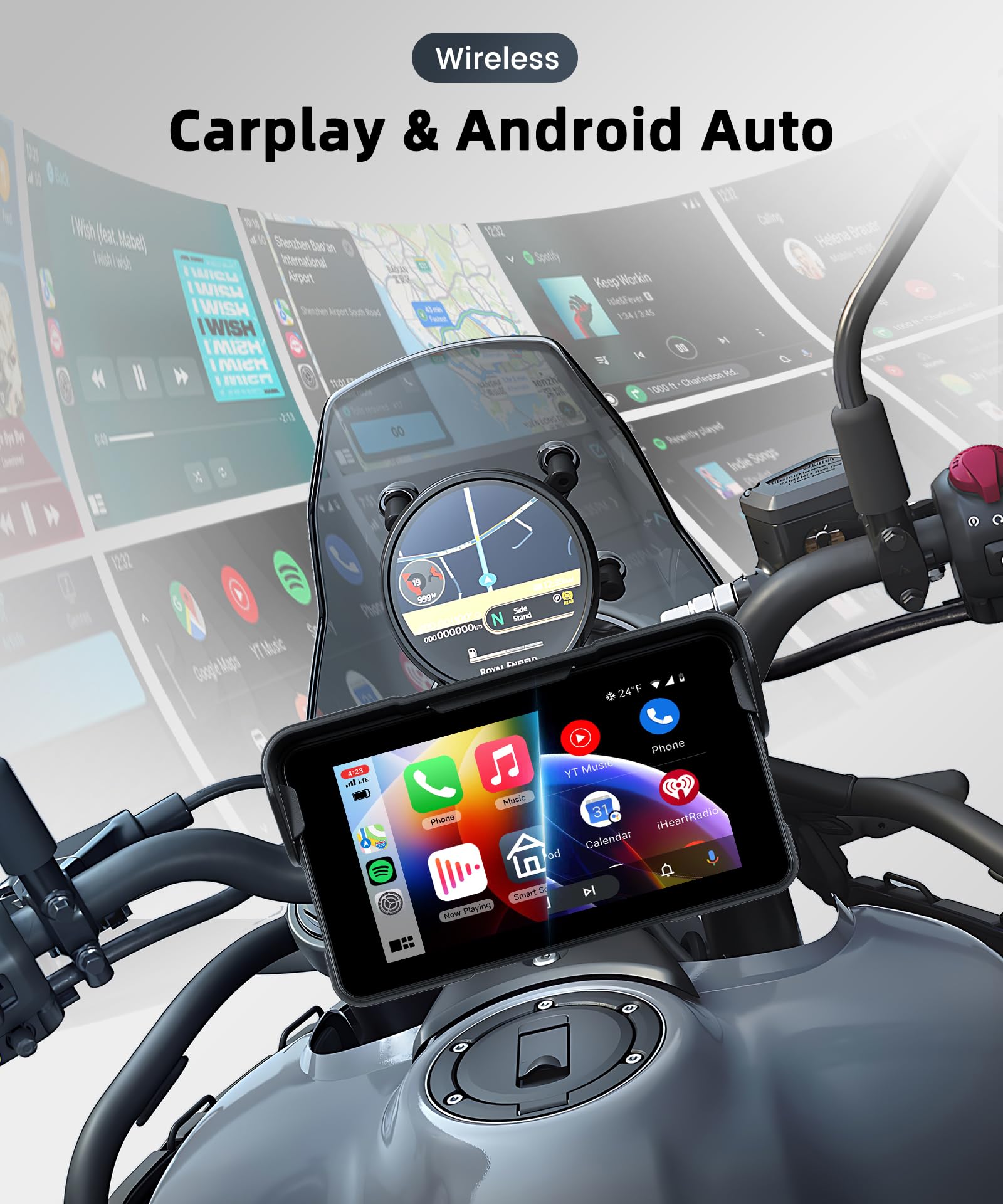 VECHTEL Kabelloser CarPlay Bildschirm 5 Zoll für Motorrad-Tragbares CarPlay & Android Auto,Wasserdichter Touchscreen mit Dual-Bluetooth,NAV/Siri Assistant/12V,Unterstützt Reifendruckkontrolle