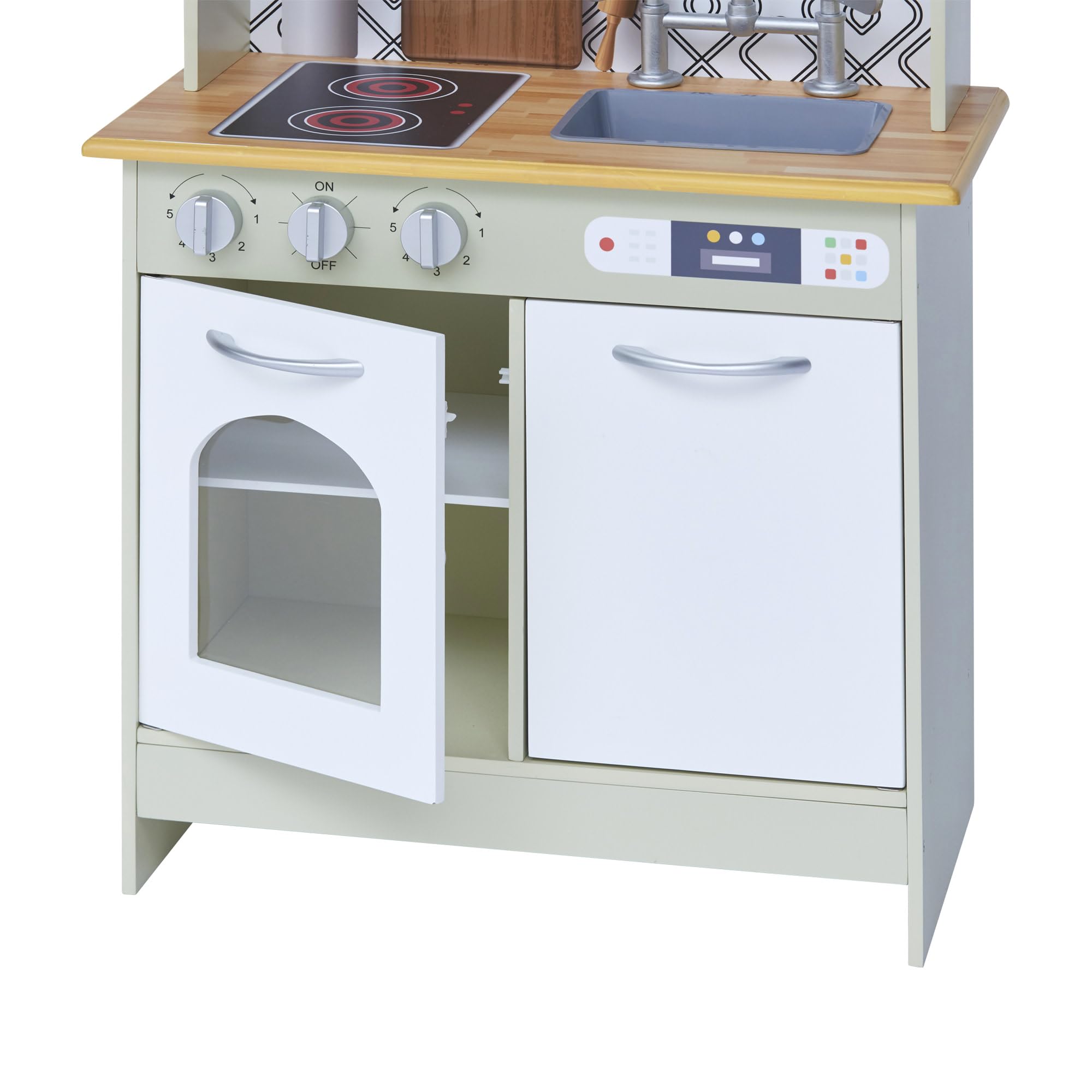 Teamson Kids Little Chef Boston Modern Farmhouse - Juego de Cocina de Madera con Funciones interactivas y 9 Accesorios de Cocina de Juego, Verde Claro/Blanco TD-12679D