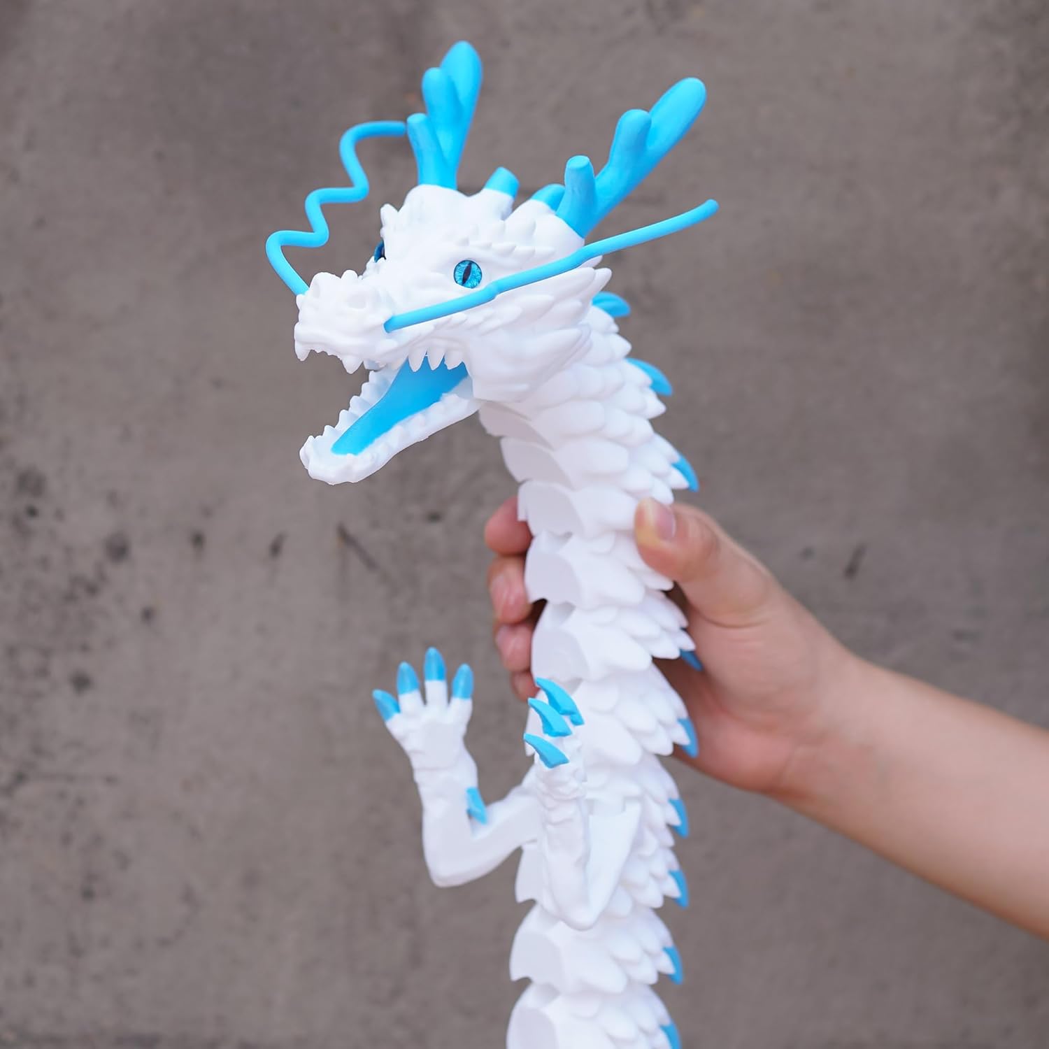 47.3inch Super Huge Large Dragon 3D Printed Dragon with Movable Mouth and Eyes,Flexible Realistic Articulated Animal Fidget Toys,Mystery Figurines Gifts,Executive Desk Décor Collectible (White-Blue)