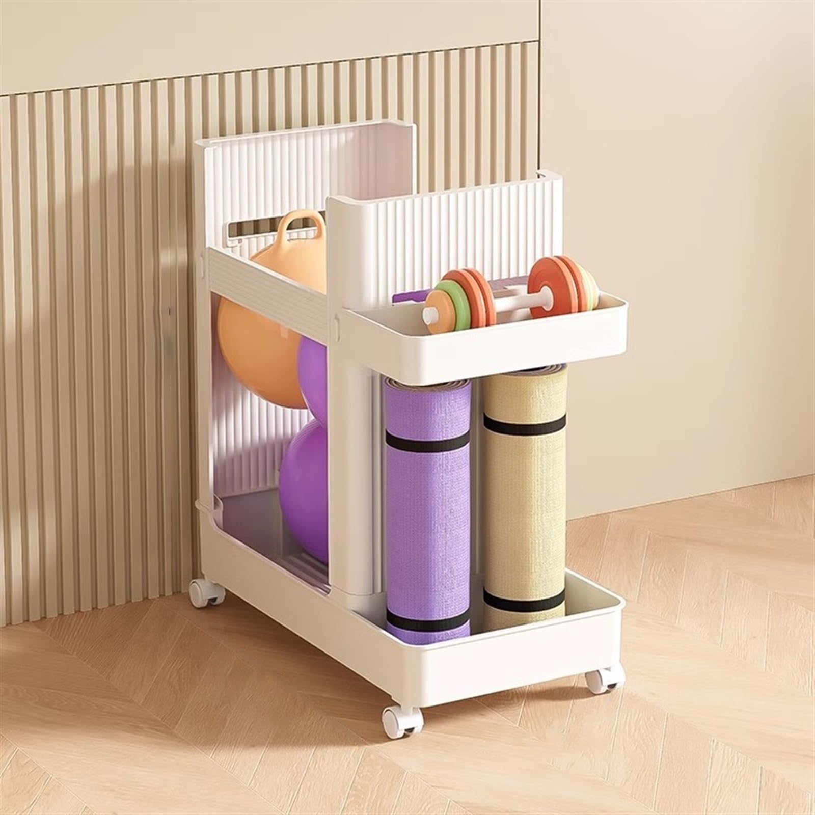 Estante para esterillas de yoga con ruedas, carrito organizador para gimnasio en casa para rodillos de espuma y bloques de yoga.