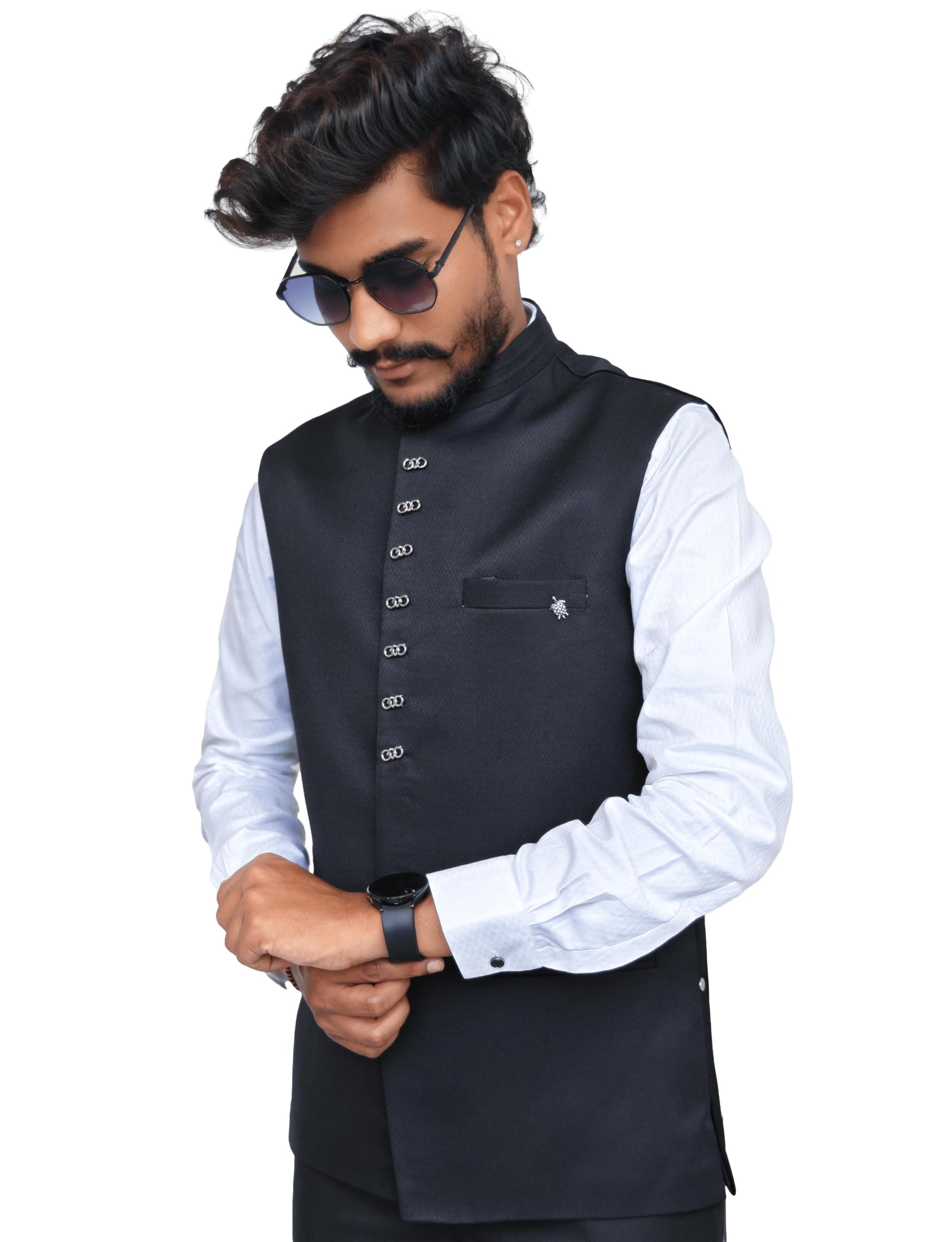 Men's Premium Textured Modi Jacket | Ethnic Nehru Waistcoat with Mandarin Collar & Pocket Square | Sizes 38-48 (Black, 46)-picture-44