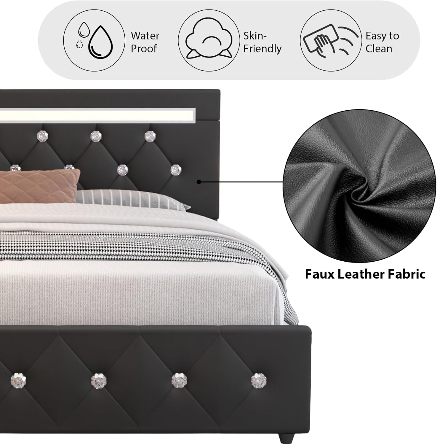 Queen Size Bed Frame, Storage Bed with 4 Drawers and Adjustable Headboard, Upholstered Platform Bed with Handy Charging Station and LED Light, Noise Free, Easy Assembly, No Box Spring Needed, Black