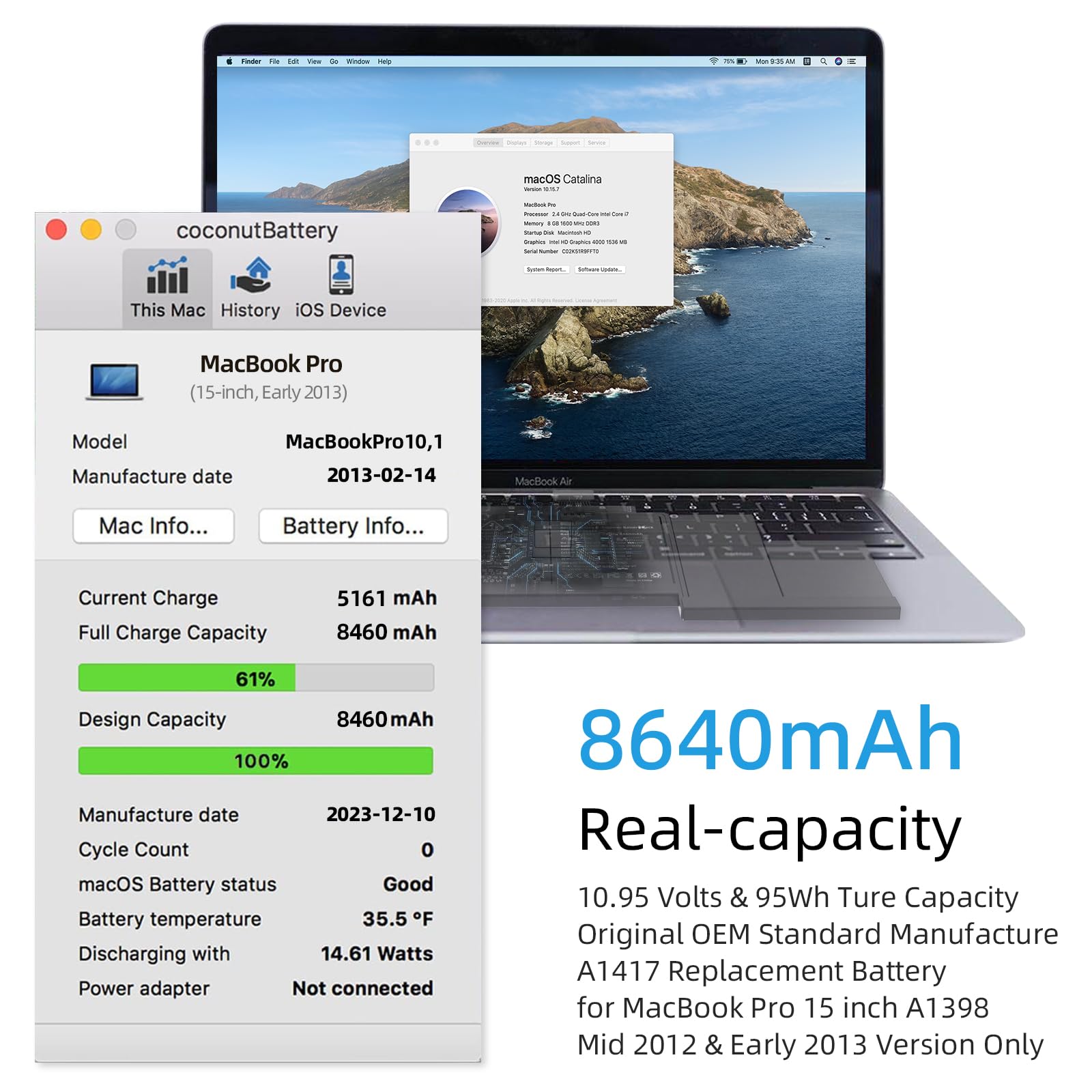 JGTM A1398 A1417 Replacement Battery for MacBook Pro 15 inch Early 2013 Mid 2012 Only, Model EMC 2673 2512 Identifier: MacBookPro10,1