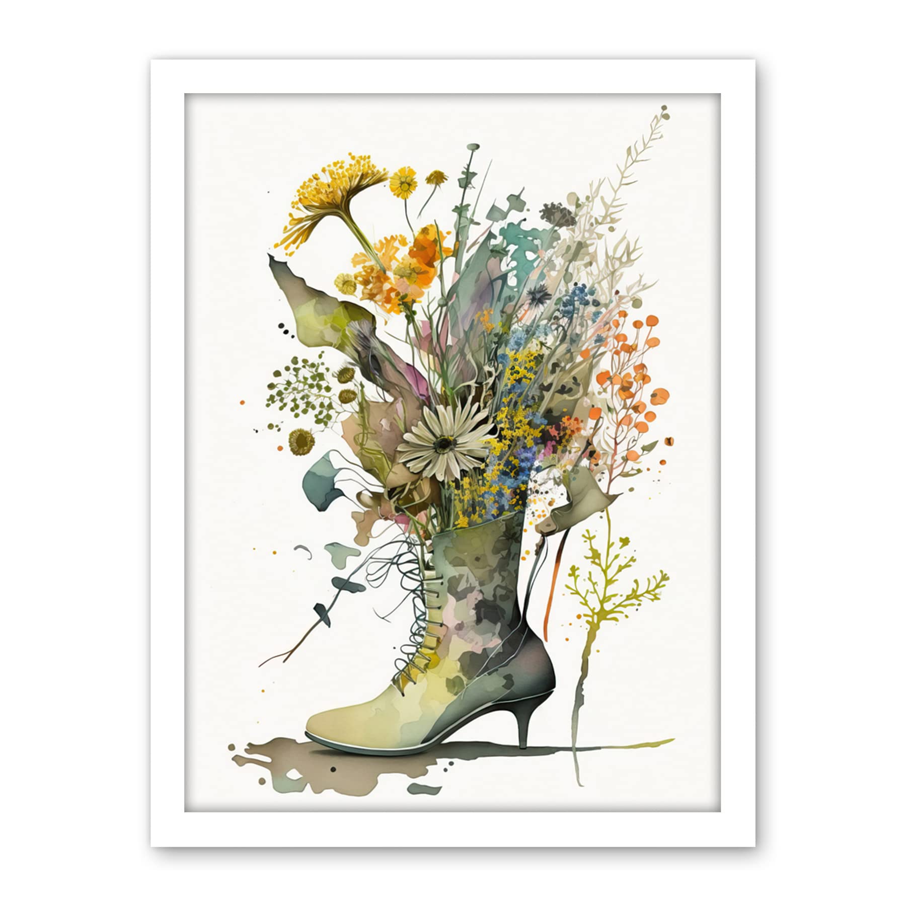 Artery8 Spring Wildflower Bouquet Stiletto Military Boot Artwork Framed Wall Art Print 18X24 Inch