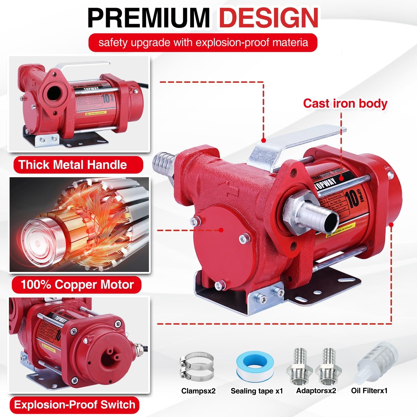 Diagram showing pump features: thick metal handle, 100% copper motor, explosion-proof switch, cast iron body, and included accessories.