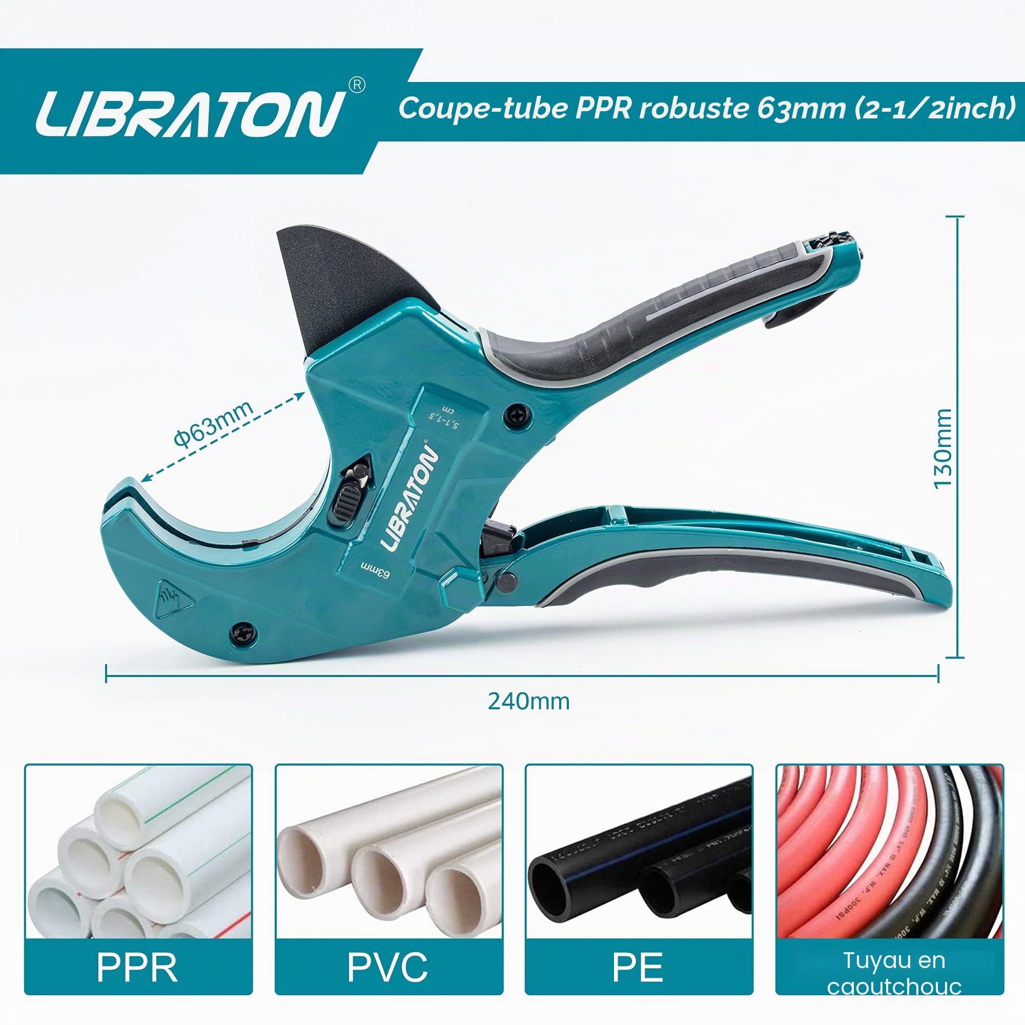 Libraton Coupe-tubes en PVC Libraton 2-1/2" (63mm), grand coupe-PVC, lame améliorée pour usage intensif, coupe-tubes en plastique pour couper les tuyaux en PVC, tuyaux PEX, tuyaux en plastique