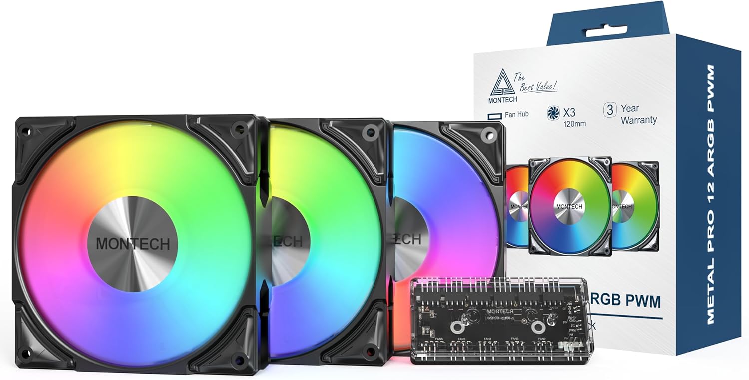 MONTECH GF120R V2 ARGB 120mm Case Fan – Sleek & Minimalist Design, High Airflow, Hydraulic Bearing, Quiet Performance, Vibrant ARGB Lighting, Reverse Blade, 3 in 1 Pack with 6X6 Fan Hub, White