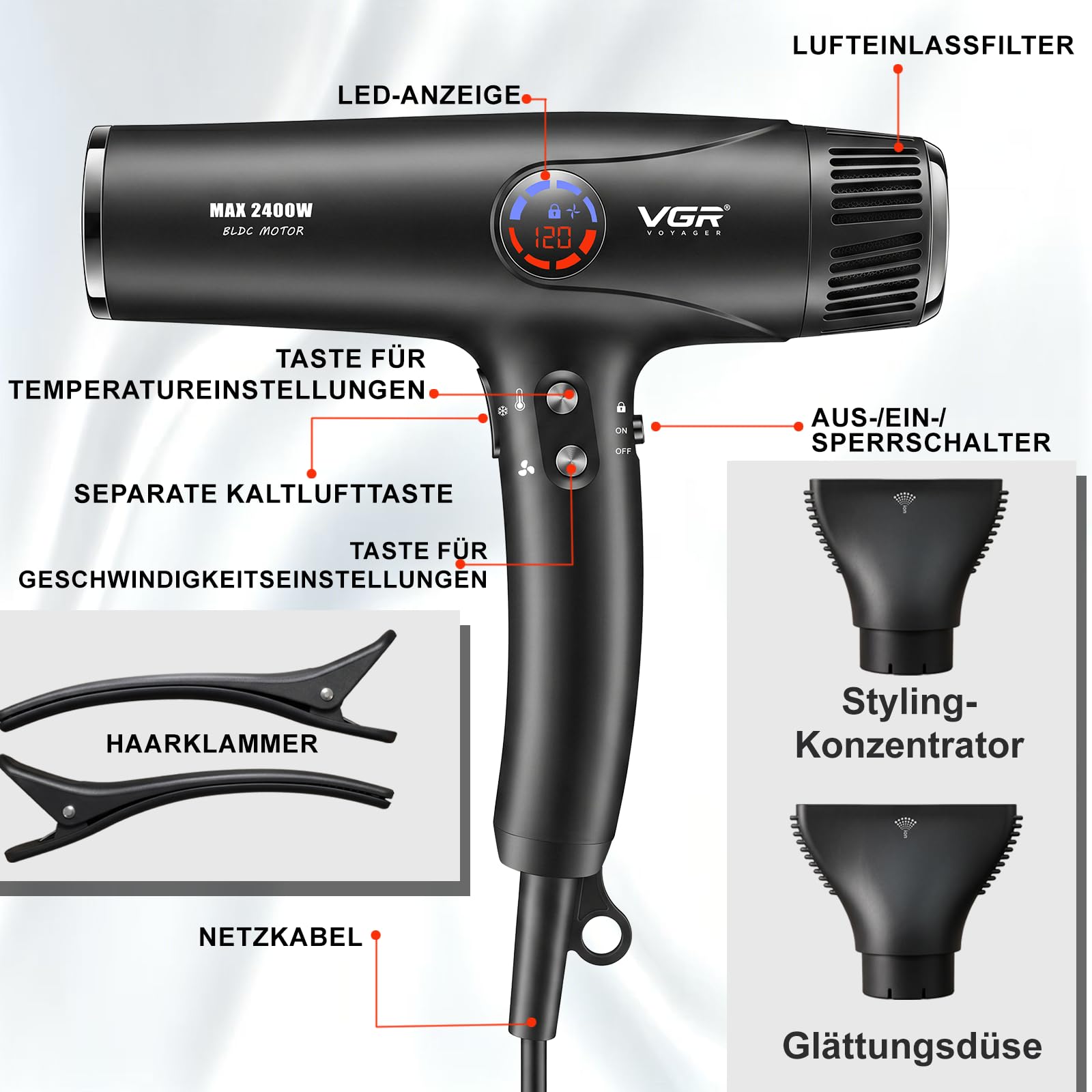 VGR 469 Haartrockner Professioneller Mit 2400W BLDC Motor | Föhn Mit Diffusor Für Schnellkühltaste, Hair Ddryer Mit 4 Temperatur, LED Display, Haarföhn Mit Sperrfunktion