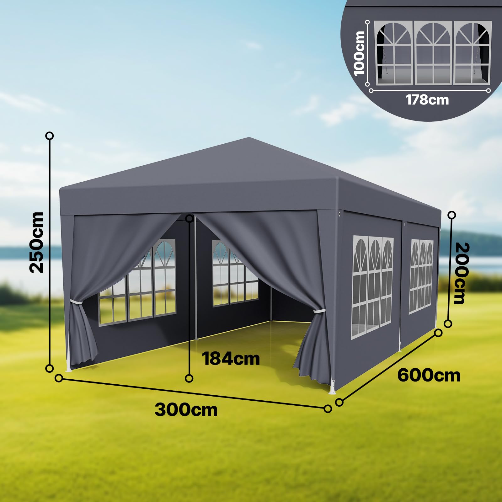 Pavillon Wasserdicht 3x6m, Garten Pavillon Stabil Stecksystem-Metallgestänge, Festzelt für Party-Camping-Markt, Party Zelt PE-Plane, Faltpavillon mit Seitenwänden, Erdhaken, UV-Schutz, Anthrazit