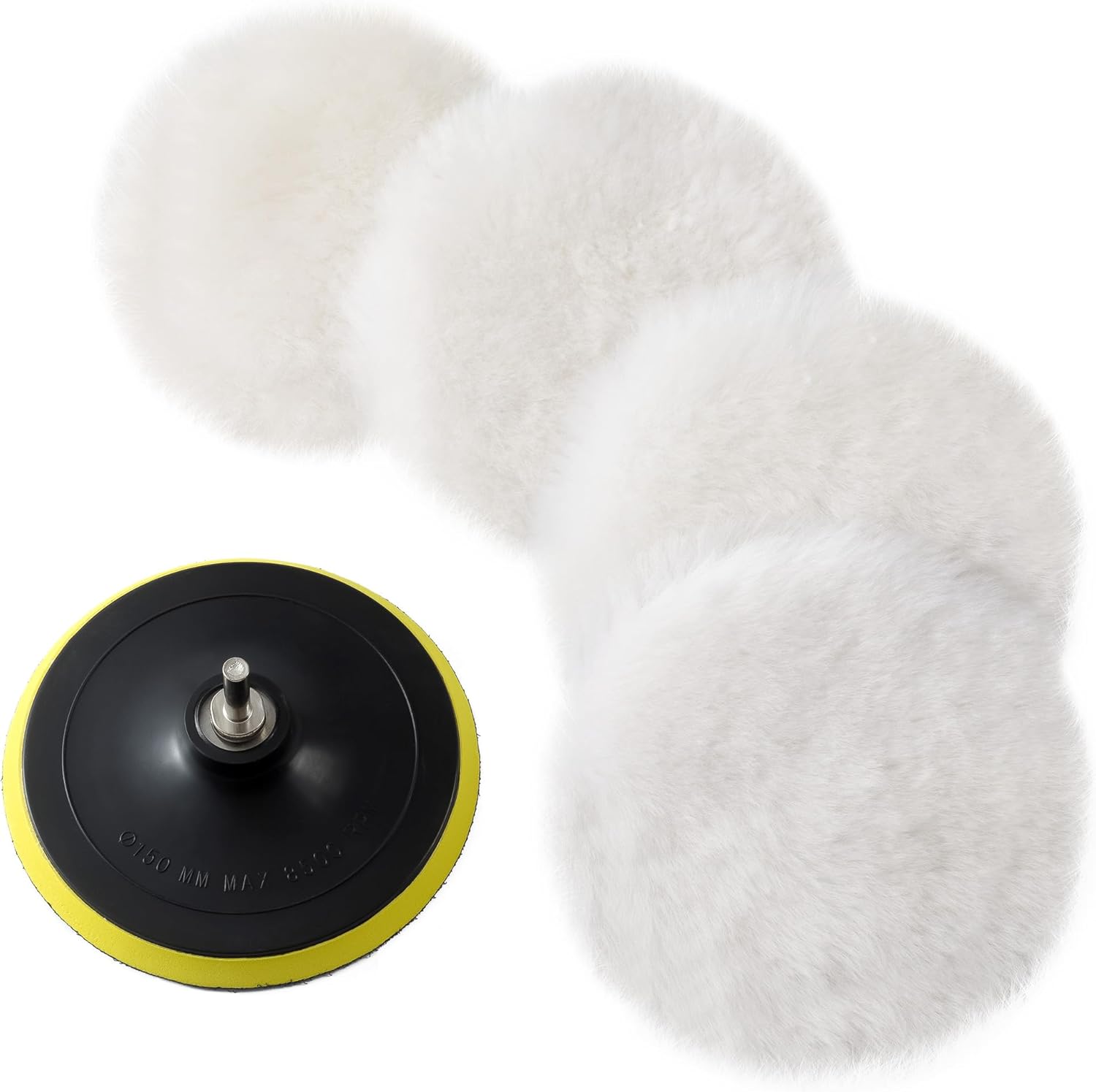 S SATC Wool Polishing Buffing Pad Car Buffer Polisher Pads Kit with 4PCS 6 Inch Buffing Pad M14 Drill Adapter and Hook and Loop Back, Drill Polisher Attachment for Car Polishing, Waxing