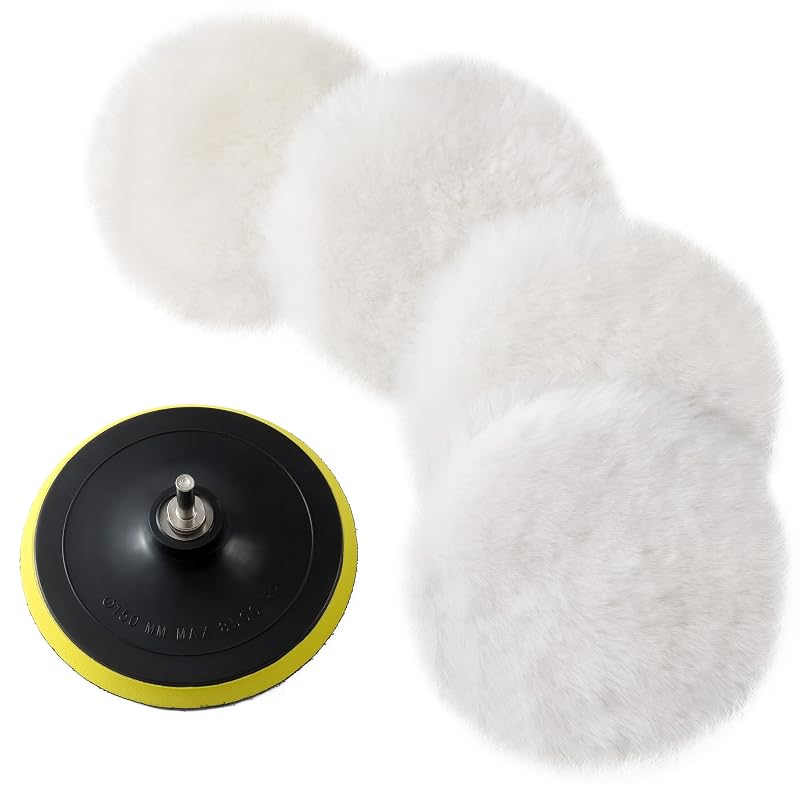 Kit de boinas de lã para polimento automotivo S SATC de 15,2 cm com adaptador M14 para furadeira e base hook-and-loop, 6 peças