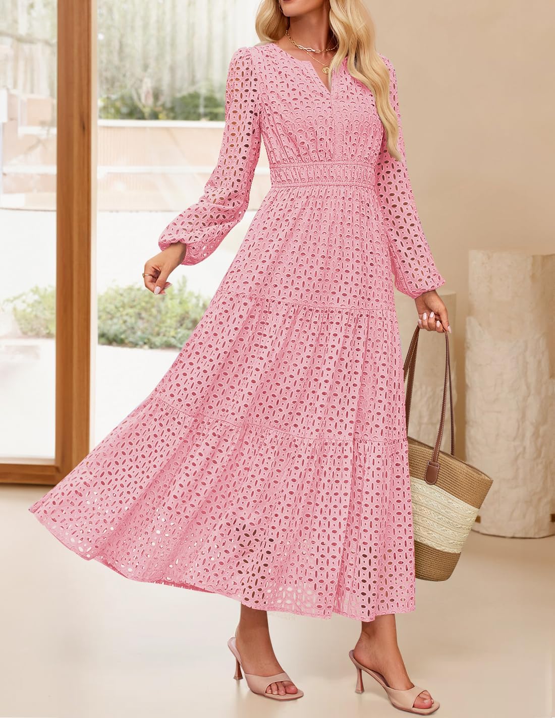 ZESICA Women's 2026 Spring Long Sleeve Maxi Dress V Neck Hollow Out Eyelet A Line Long Flowy Casual Party Dresses - Image 3