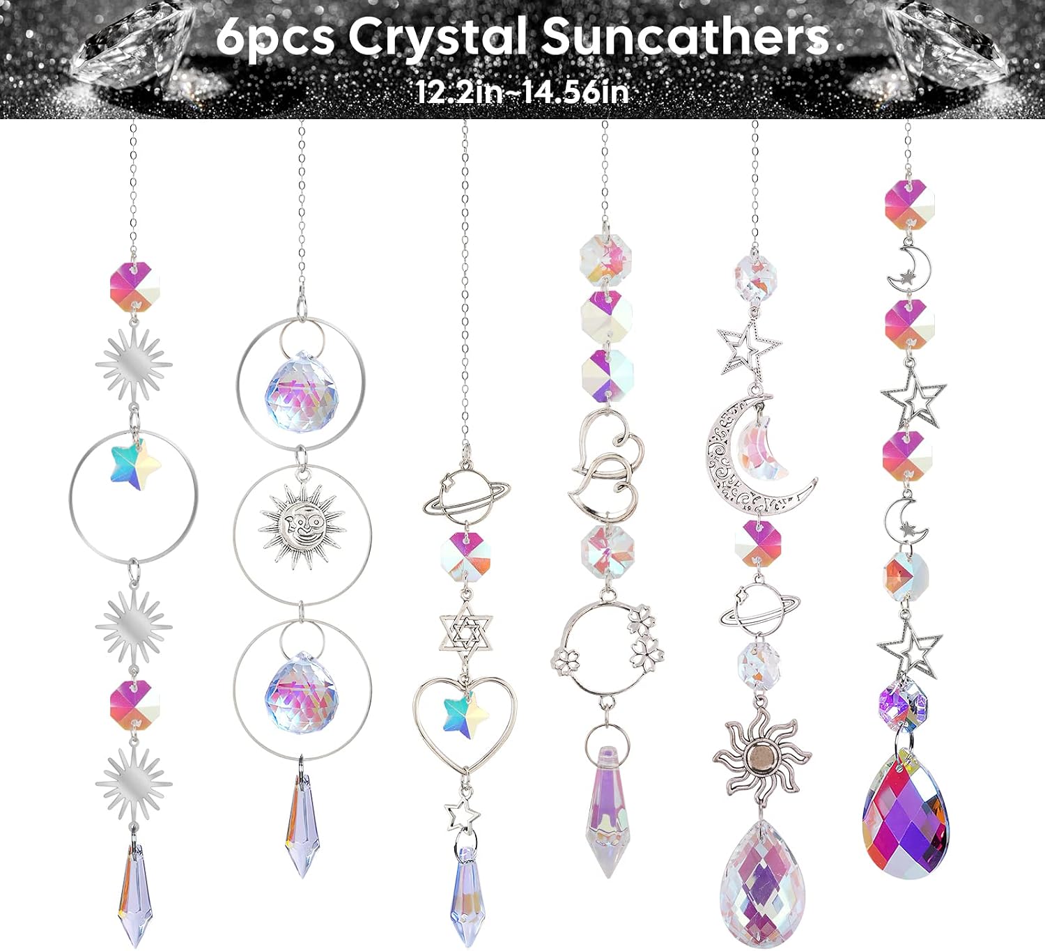 WIOR Crystal Suncatchers, 6 Pieces Sun Catchers, Colorful Crystals Suncatcher Hanging Sun Catcher with Chain Suncatchers Kit for Car Home Garden Christmas Day Party Wedding Decoration Gift